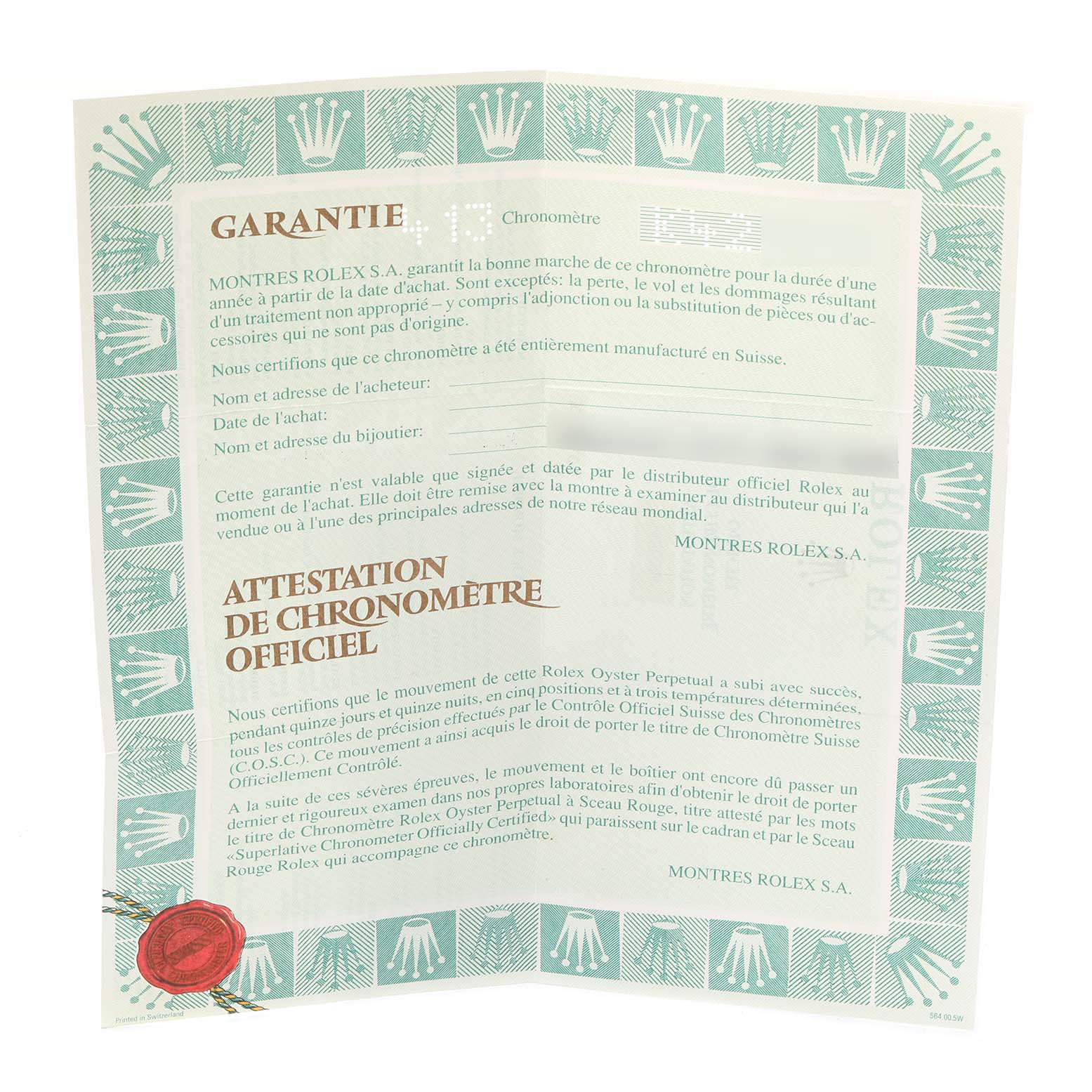 This image shows a warranty and certification card for a Rolex Oyster Perpetual 14203 Men's Steel and Gold (two tone) Grey Dial 14203 Men's Steel and Gold (two tone) Grey Dial watch, including official guarantees and attestations.