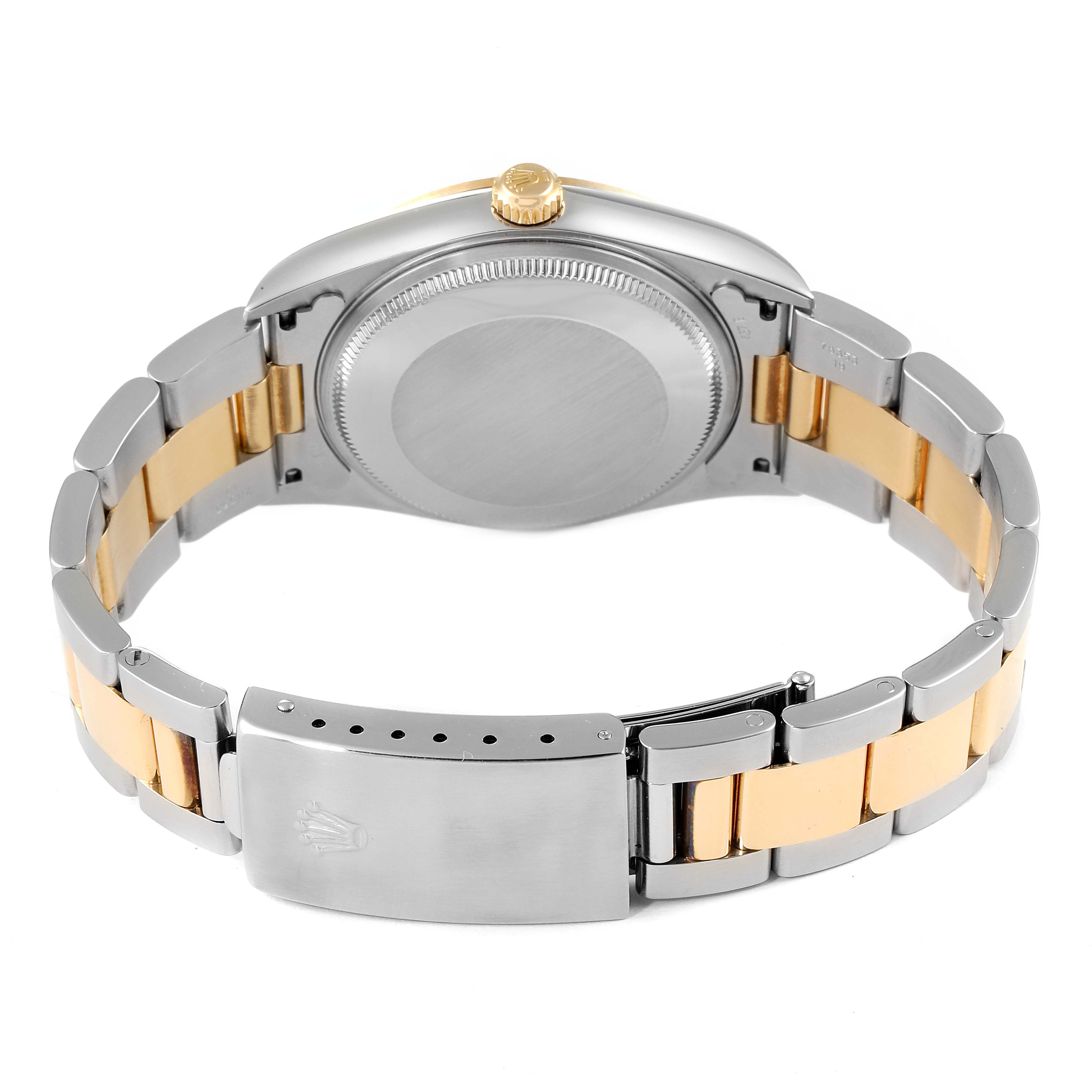 The image shows the back view of a Rolex Oyster Perpetual 14203 Men's Steel and Gold (two tone) Grey Dial 14203 Men's Steel and Gold (two tone) Grey Dial watch, highlighting the case, crown, and two-tone bracelet with the clasp.