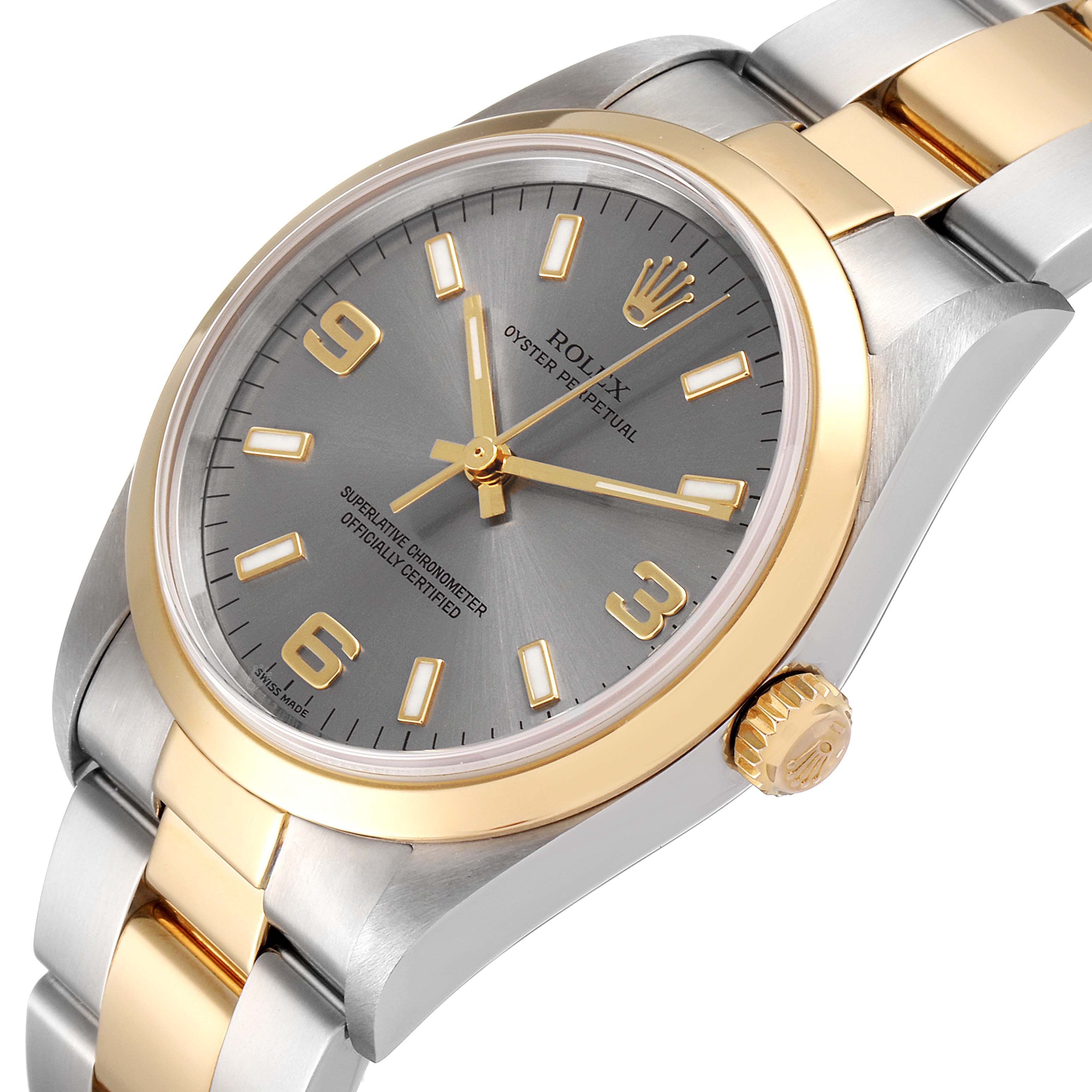 The Rolex Oyster Perpetual 14203 Men's Steel and Gold (two tone) Grey Dial 14203 Men's Steel and Gold (two tone) Grey Dial watch is shown at an angled view, highlighting the face, bezel, crown, and parts of the bracelet.