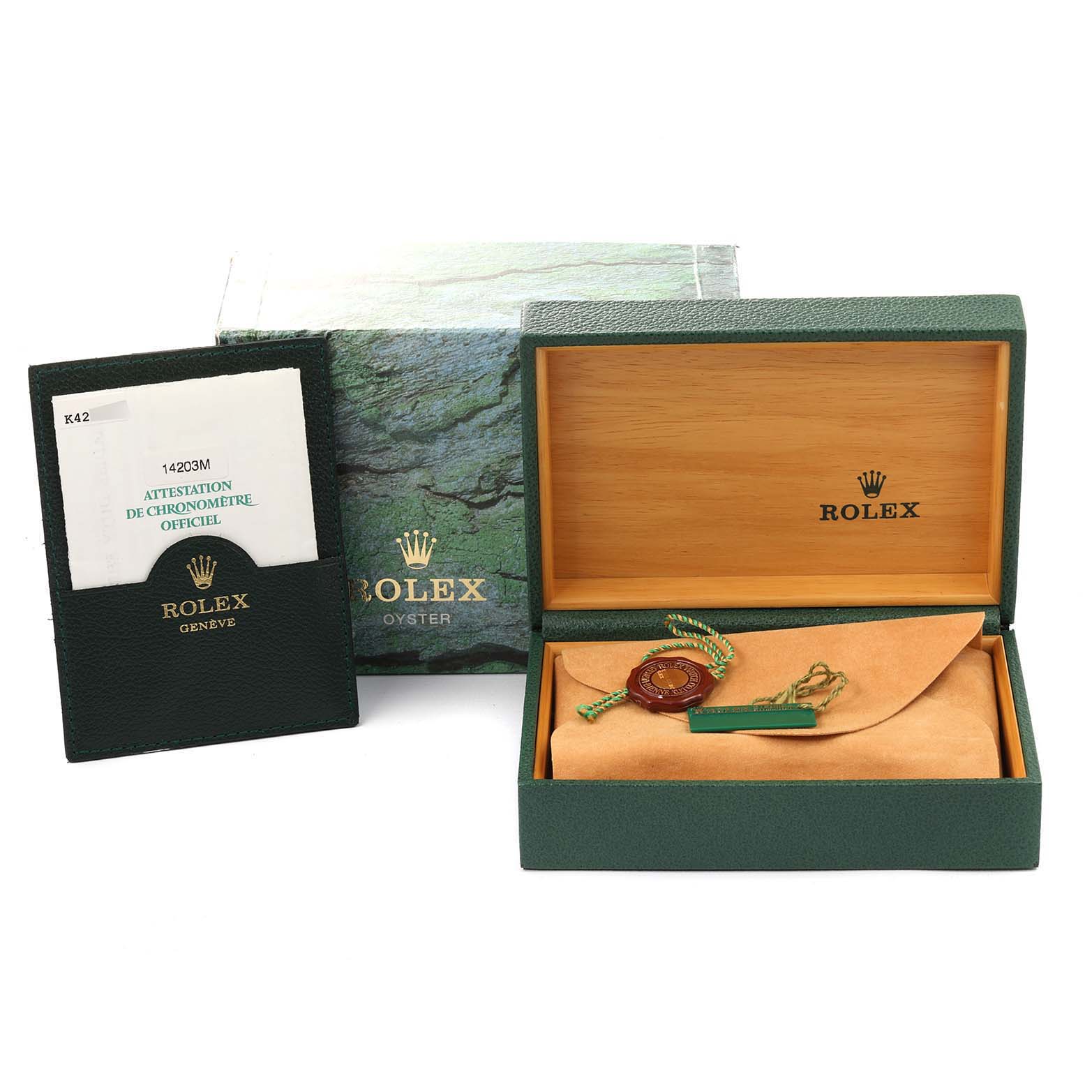 The image shows a Rolex Oyster Perpetual 14203 Men's Steel and Gold (two tone) Grey Dial 14203 Men's Steel and Gold (two tone) Grey Dial watch box, certificate holder, and tag from a front angle.