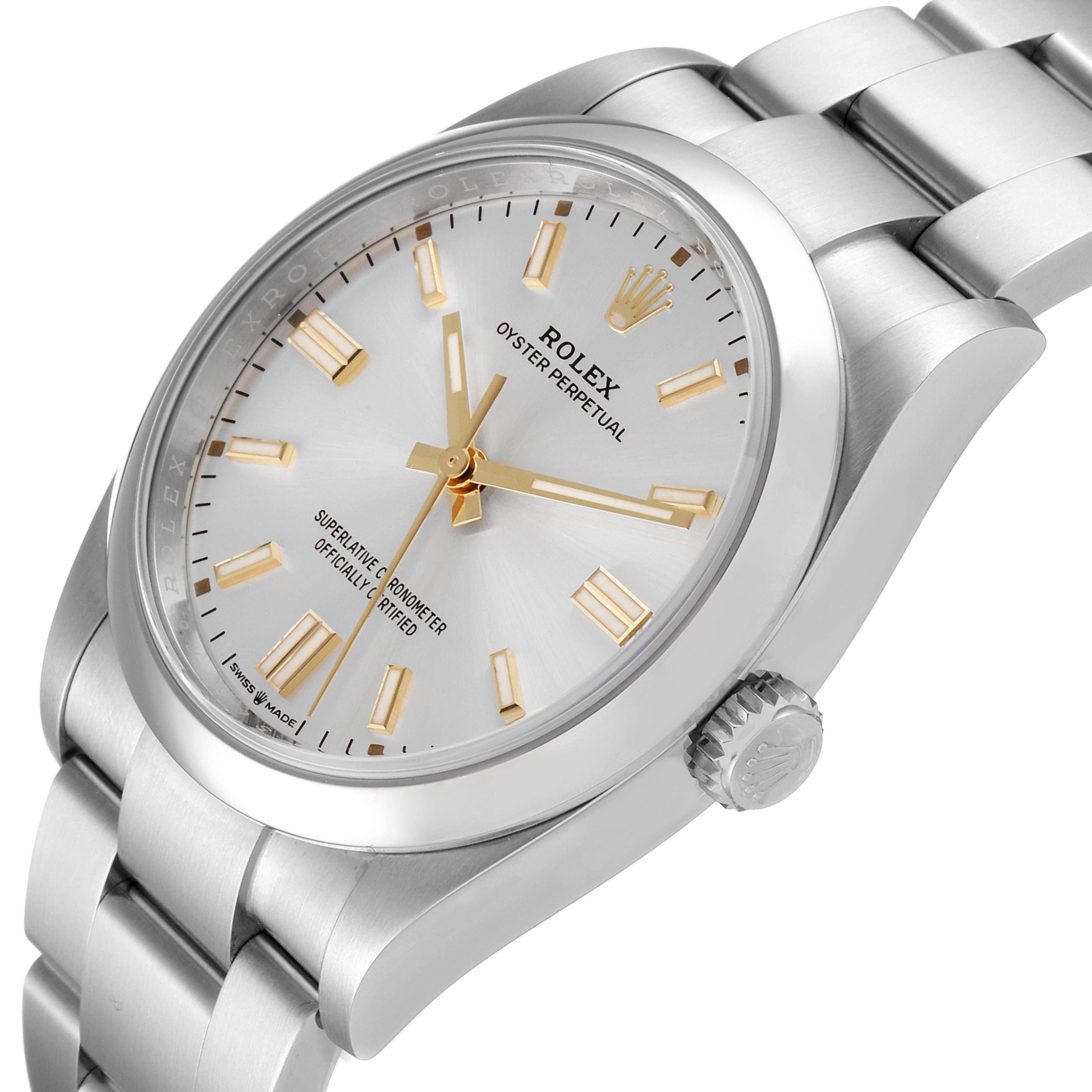 This image shows a close-up of the Rolex Oyster Perpetual 126000 Men's Stainless Steel Silver Dial 126000 Men's Stainless Steel Silver Dial watch from a three-quarter angle, highlighting the face, crown, and bracelet.