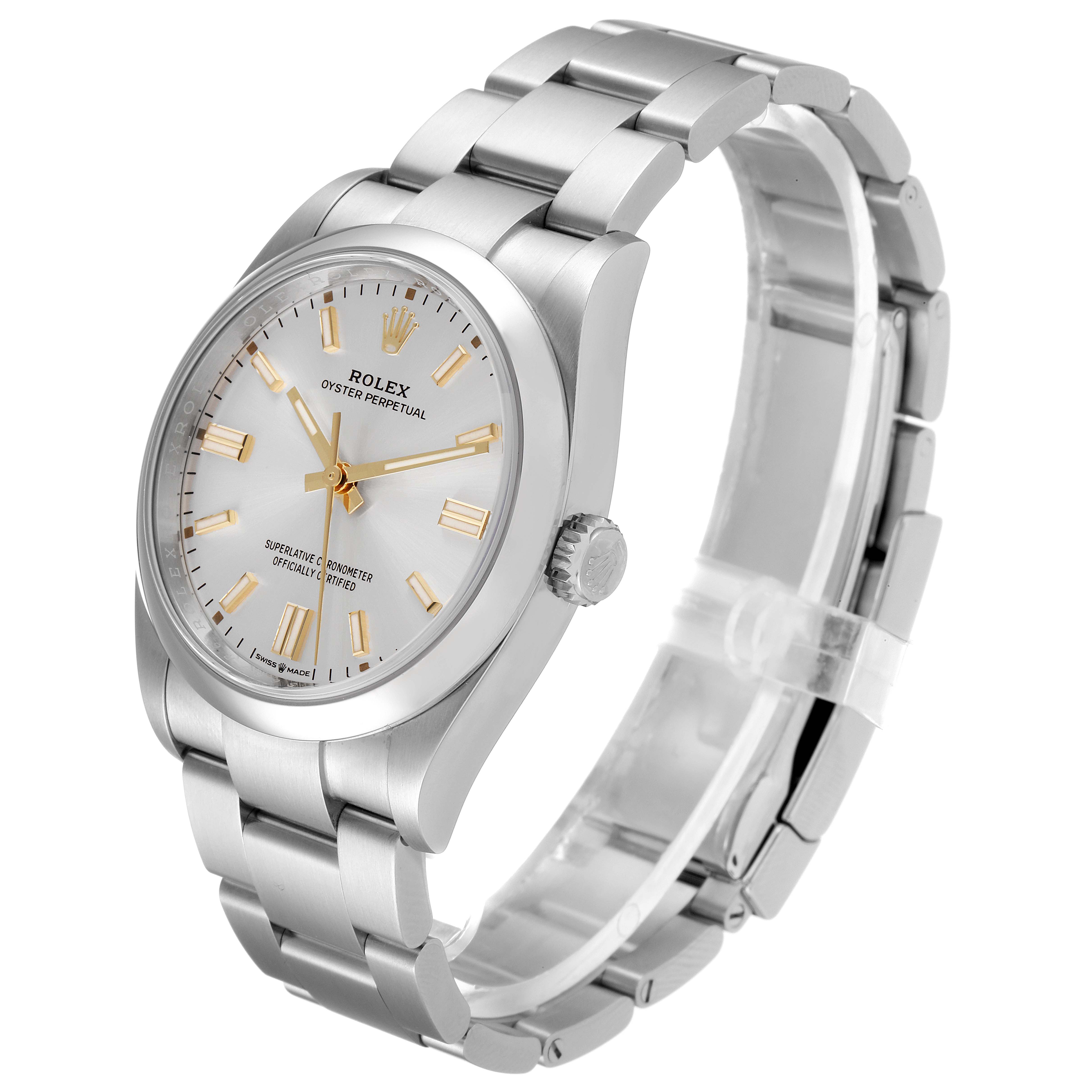 The image shows a Rolex Oyster Perpetual 126000 Men's Stainless Steel Silver Dial 126000 Men's Stainless Steel Silver Dial watch, angled to highlight the dial, bracelet, and crown.
