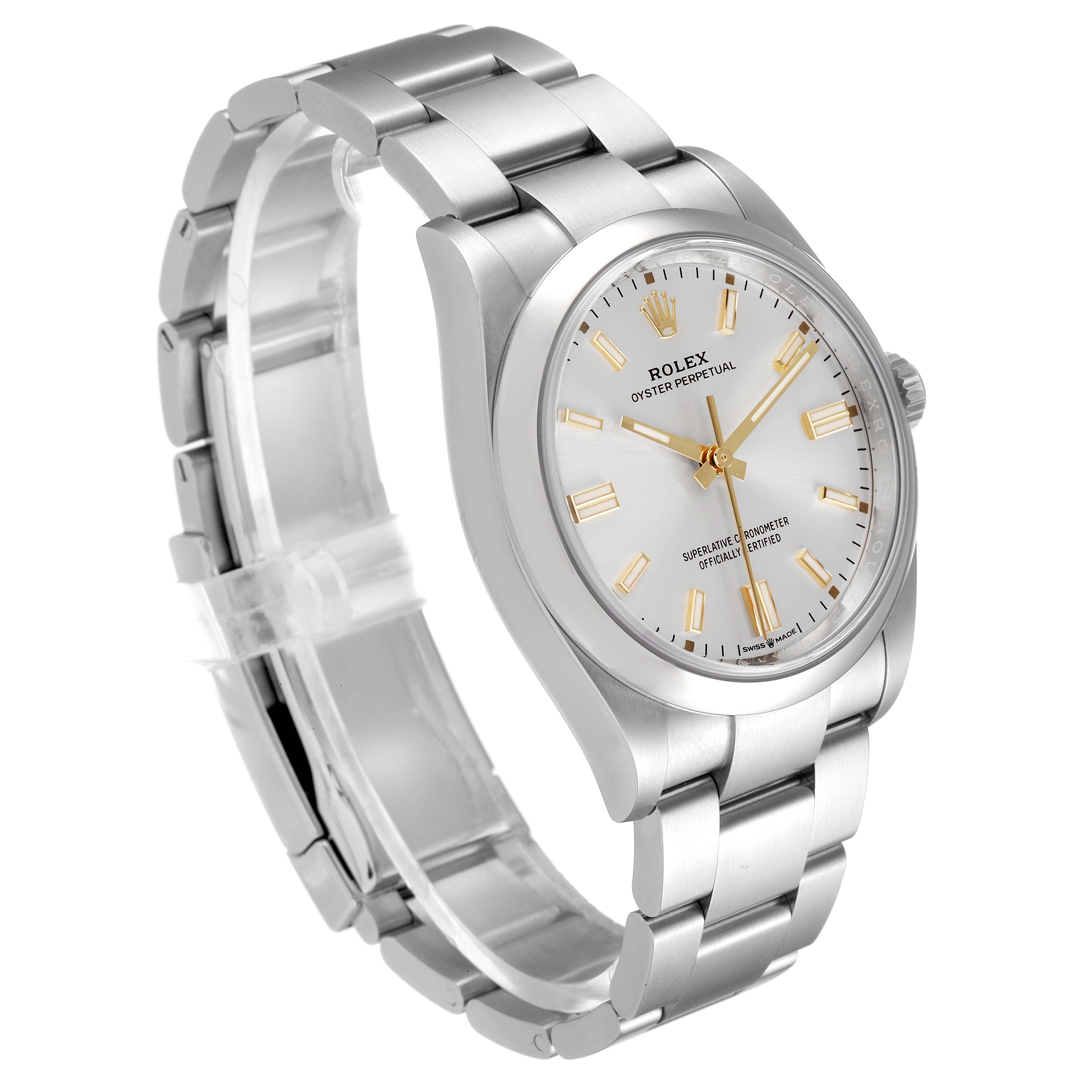 This image shows a Rolex Oyster Perpetual 126000 Men's Stainless Steel Silver Dial 126000 Men's Stainless Steel Silver Dial watch angled slightly to the right, featuring its silver dial and metal bracelet.