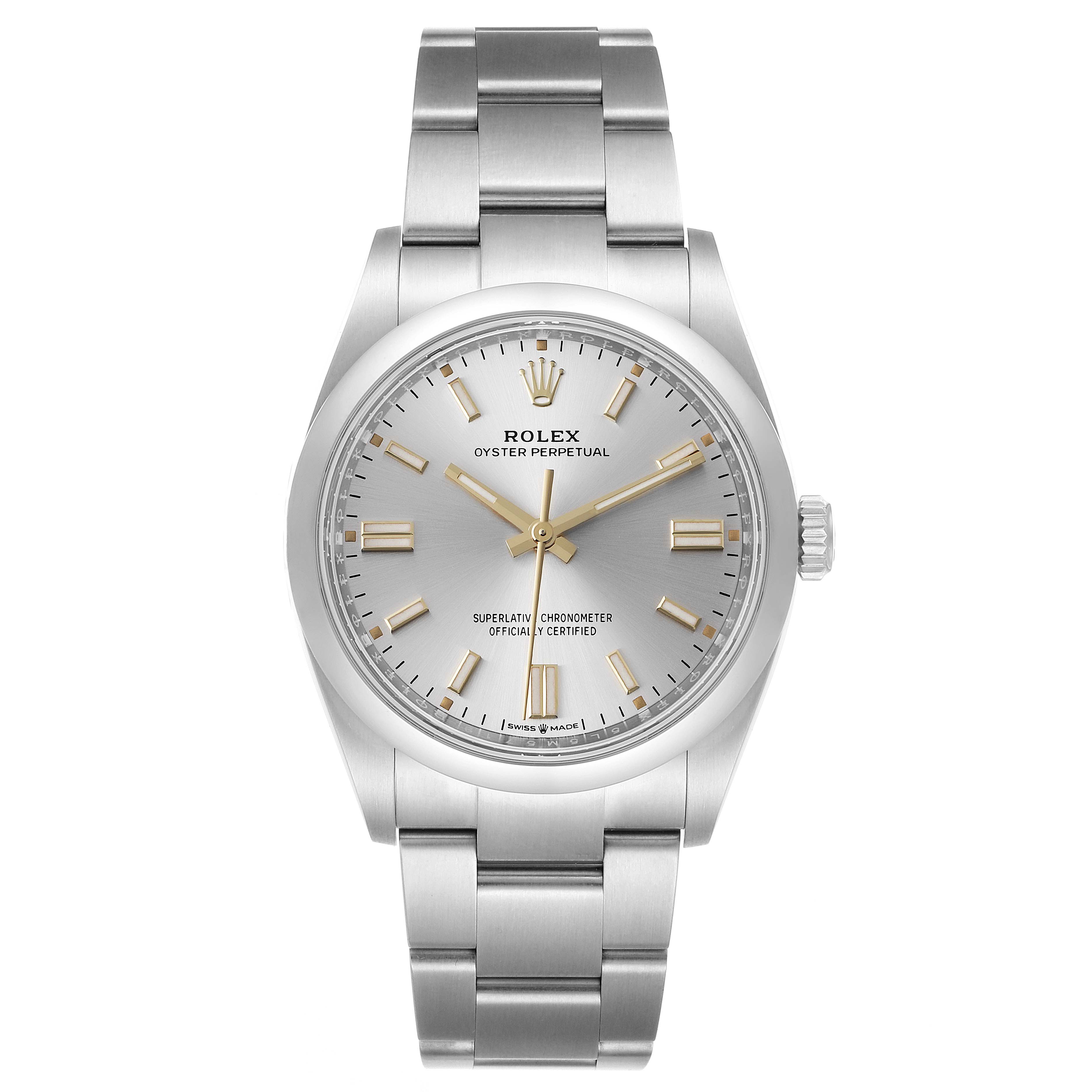 The image shows a front view of a Rolex Oyster Perpetual 126000 Men's Stainless Steel Silver Dial 126000 Men's Stainless Steel Silver Dial watch featuring the dial, case, crown, and bracelet.