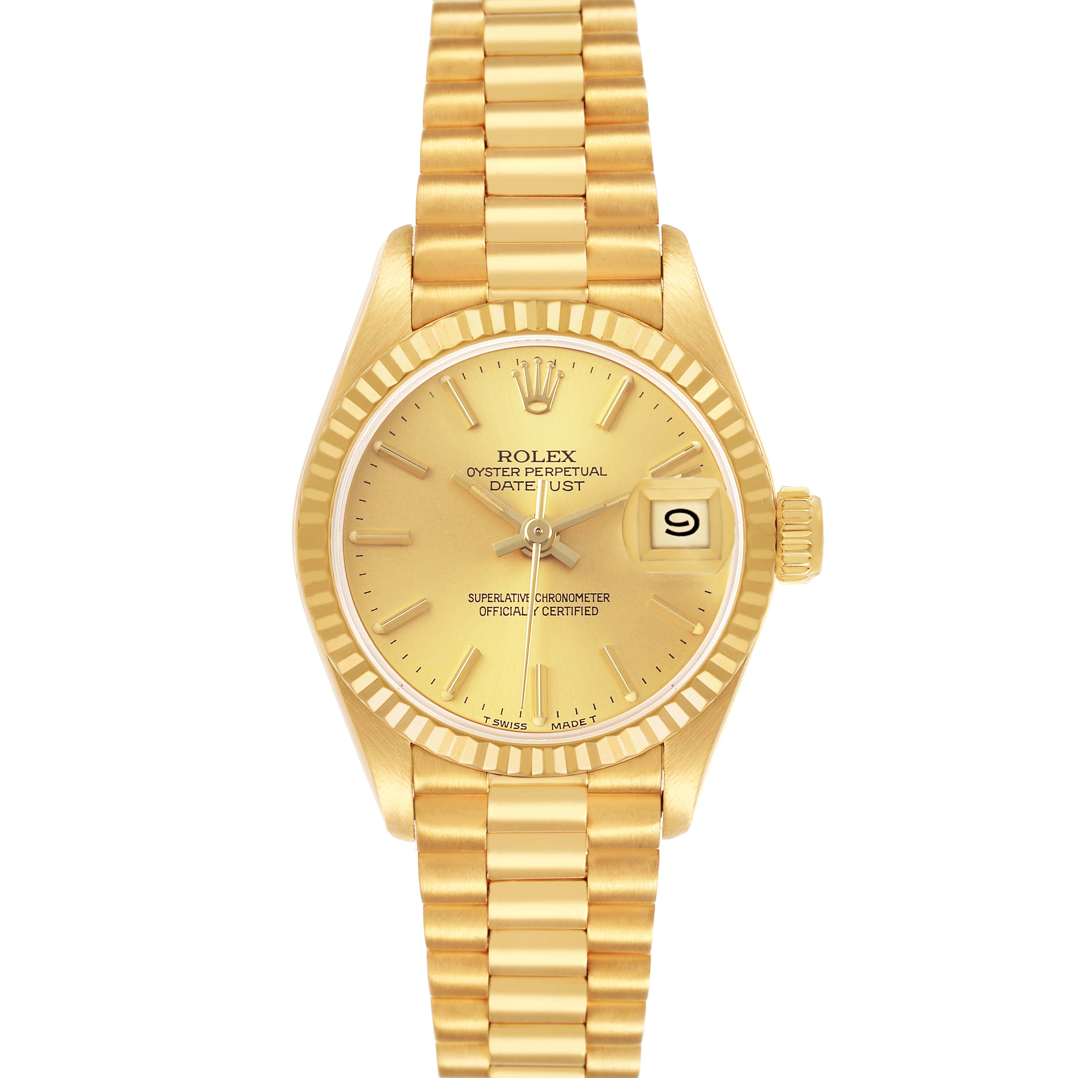 The Rolex President 69178 Women's Yellow Gold Champagne Dial model watch is shown from a straight-on angle, highlighting the dial, bezel, crown, and bracelet.