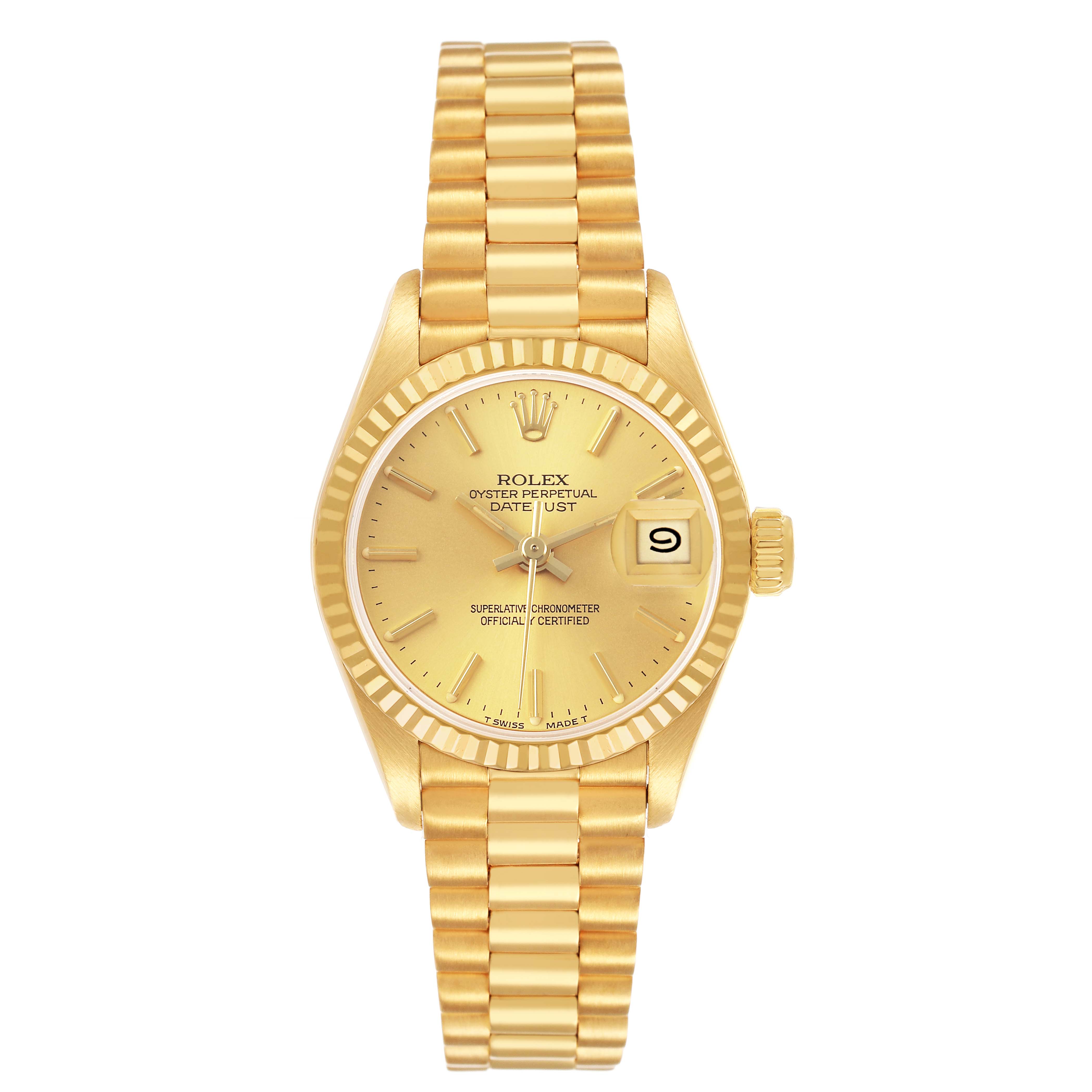 The Rolex President 69178 Women's Yellow Gold Champagne Dial model shows a frontal view with the bracelet, dial, and fluted bezel visible.