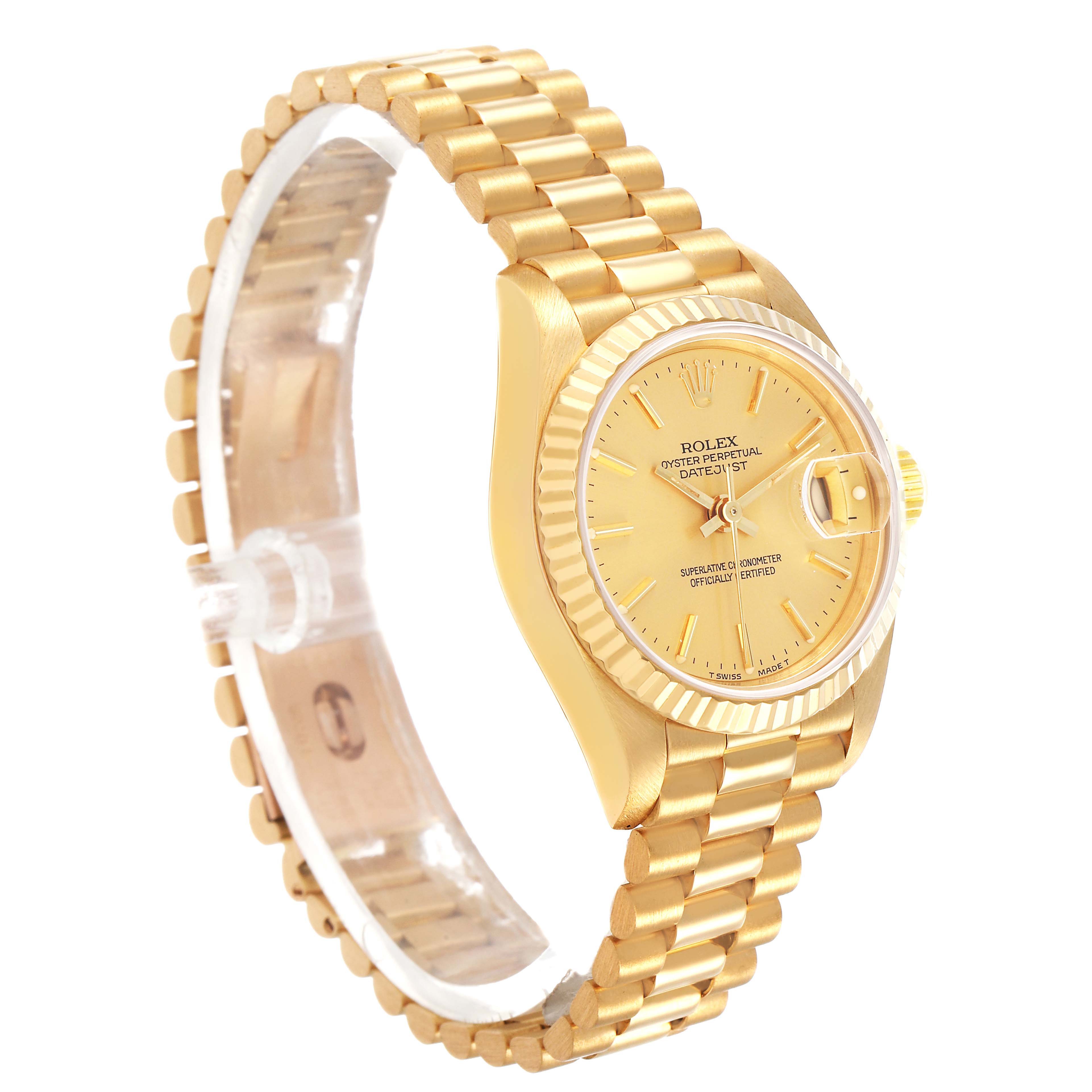 The Rolex President 69178 Women's Yellow Gold Champagne Dial model is shown at a three-quarter angle, highlighting the dial, bezel, and bracelet.