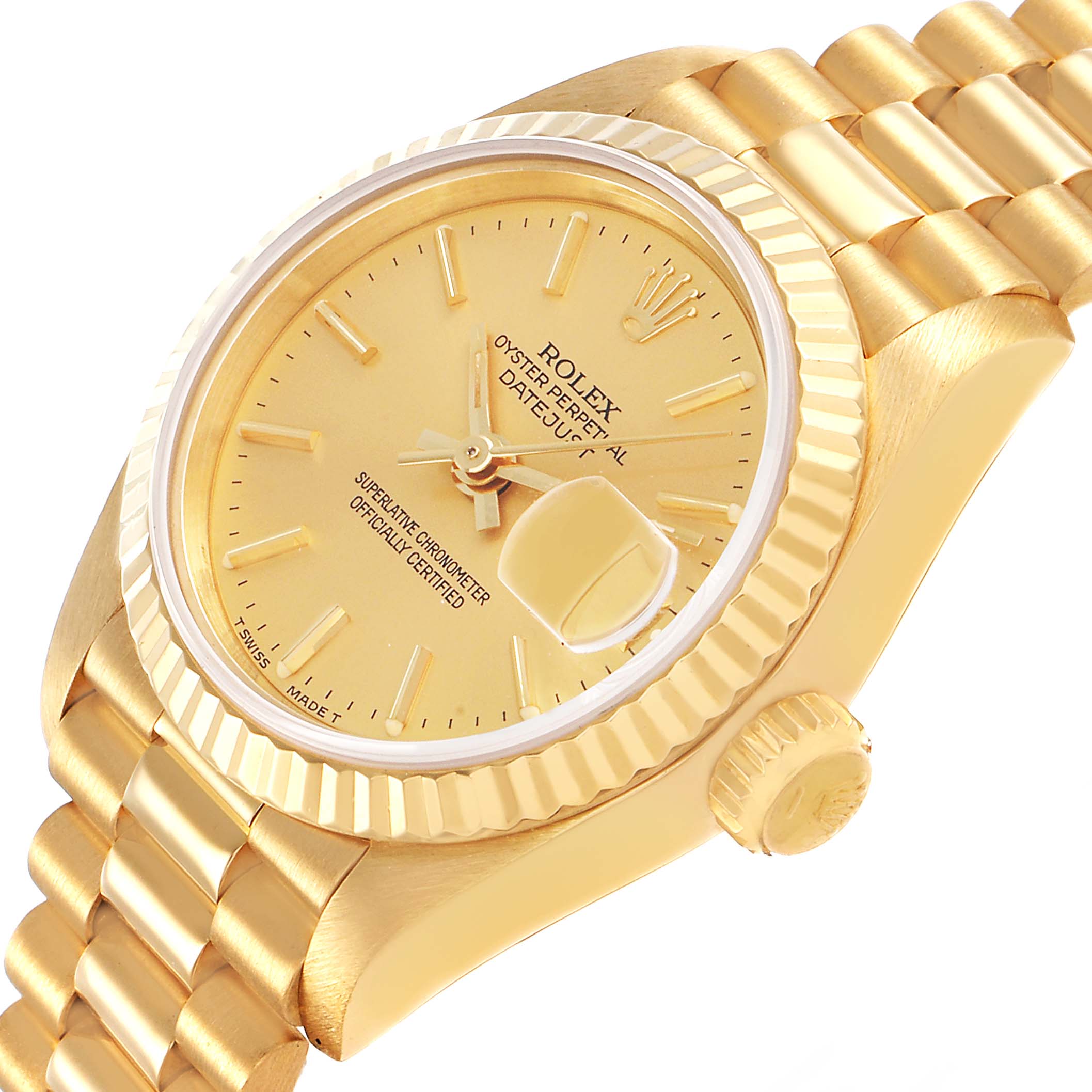 The Rolex President 69178 Women's Yellow Gold Champagne Dial model is shown from an angled view, displaying the gold dial, fluted bezel, date magnifier, and bracelet.