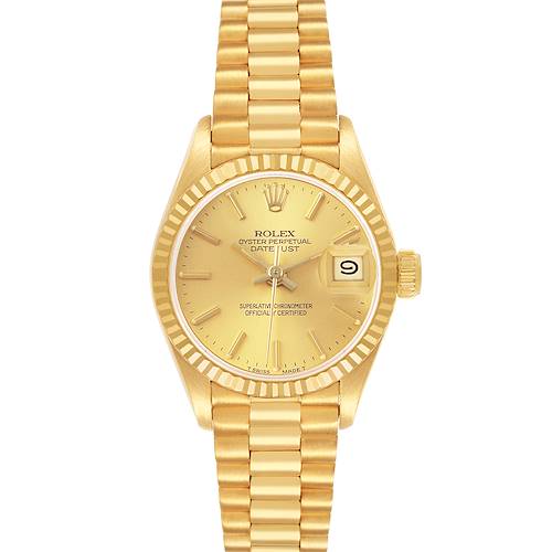 The Rolex President 69178 Women's Yellow Gold Champagne Dial model is shown from the front, highlighting the dial, bezel, bracelet, crown, and date window.