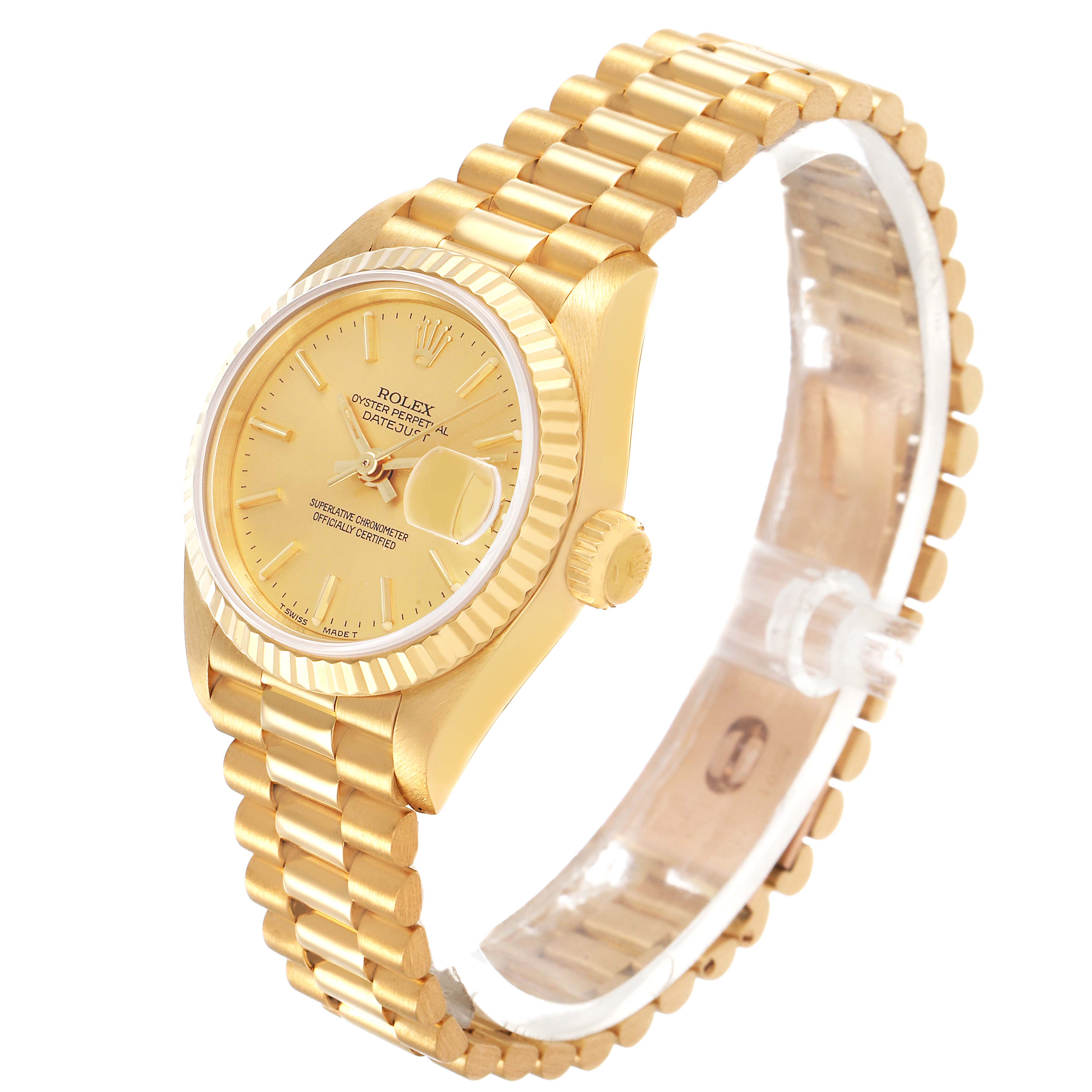 The Rolex President 69178 Women's Yellow Gold Champagne Dial watch is shown at a side angle, highlighting its gold case, fluted bezel, bracelet, and crown.