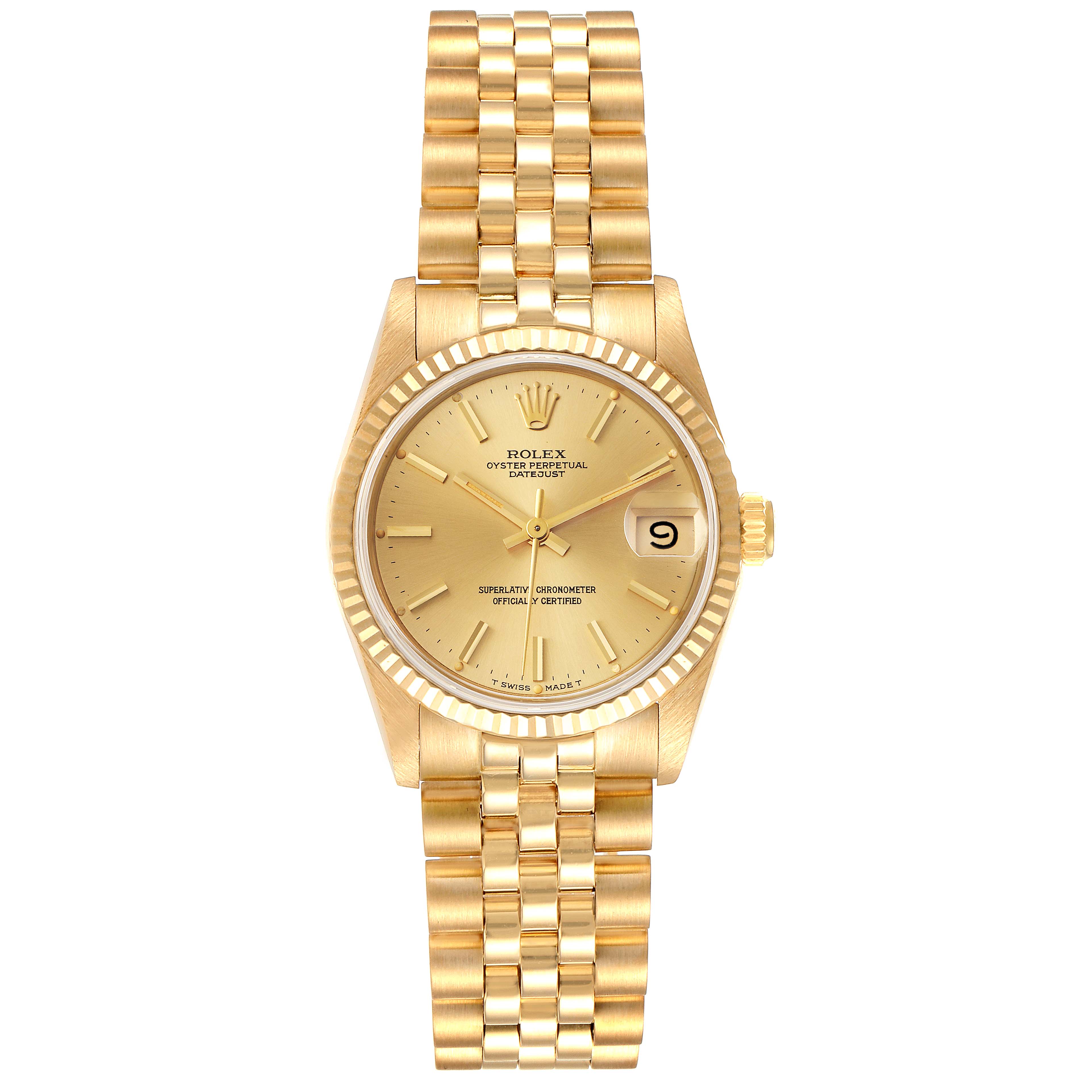 This image shows a frontal view of a Rolex President 68278 Women's Yellow Gold Champagne Dial 68278 Women's Yellow Gold Champagne Dial model watch, featuring its gold dial, fluted bezel, and linked bracelet.