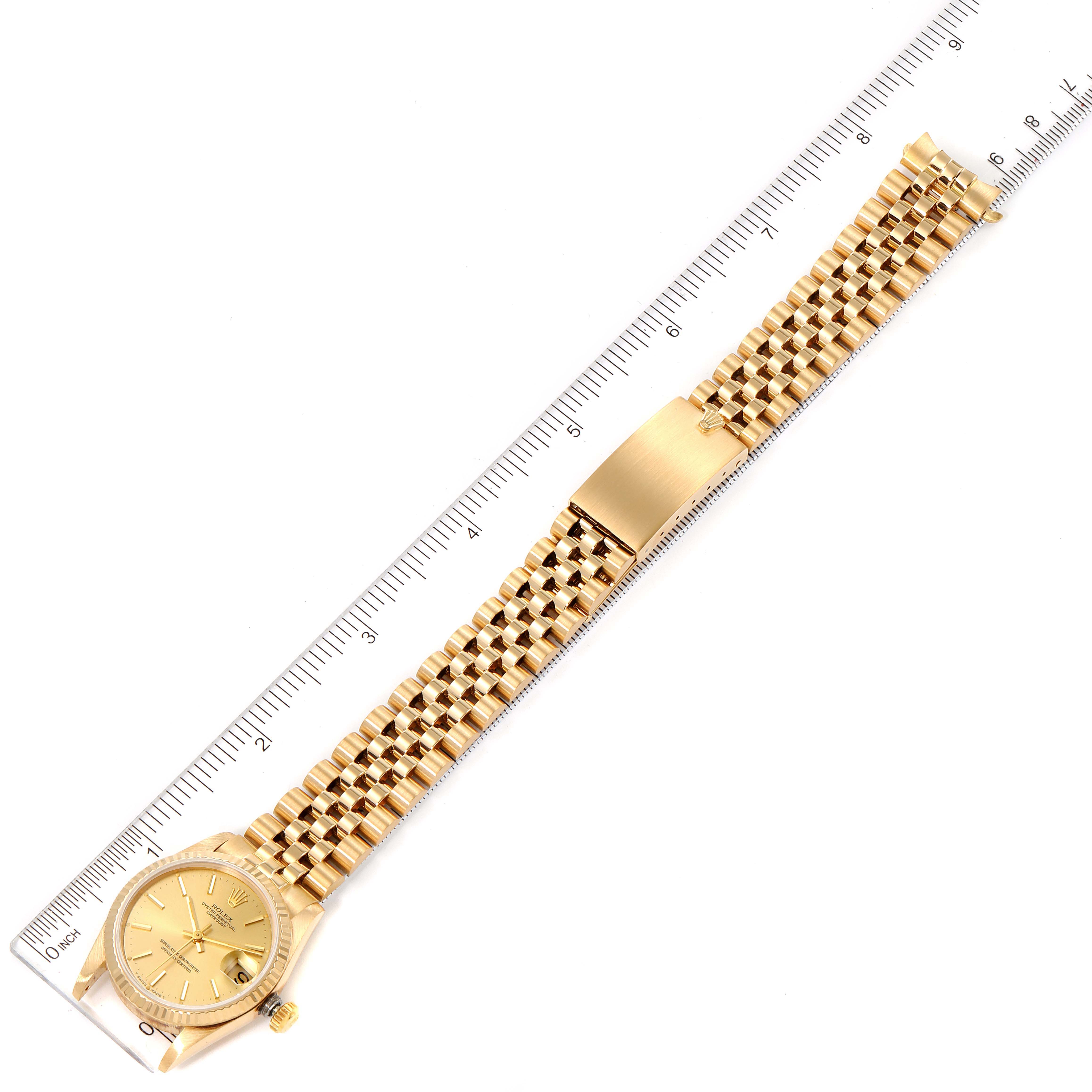 The Rolex President 68278 Women's Yellow Gold Champagne Dial 68278 Women's Yellow Gold Champagne Dial model watch is shown in a top-down angle with its dial, bezel, bracelet, and clasp visible.