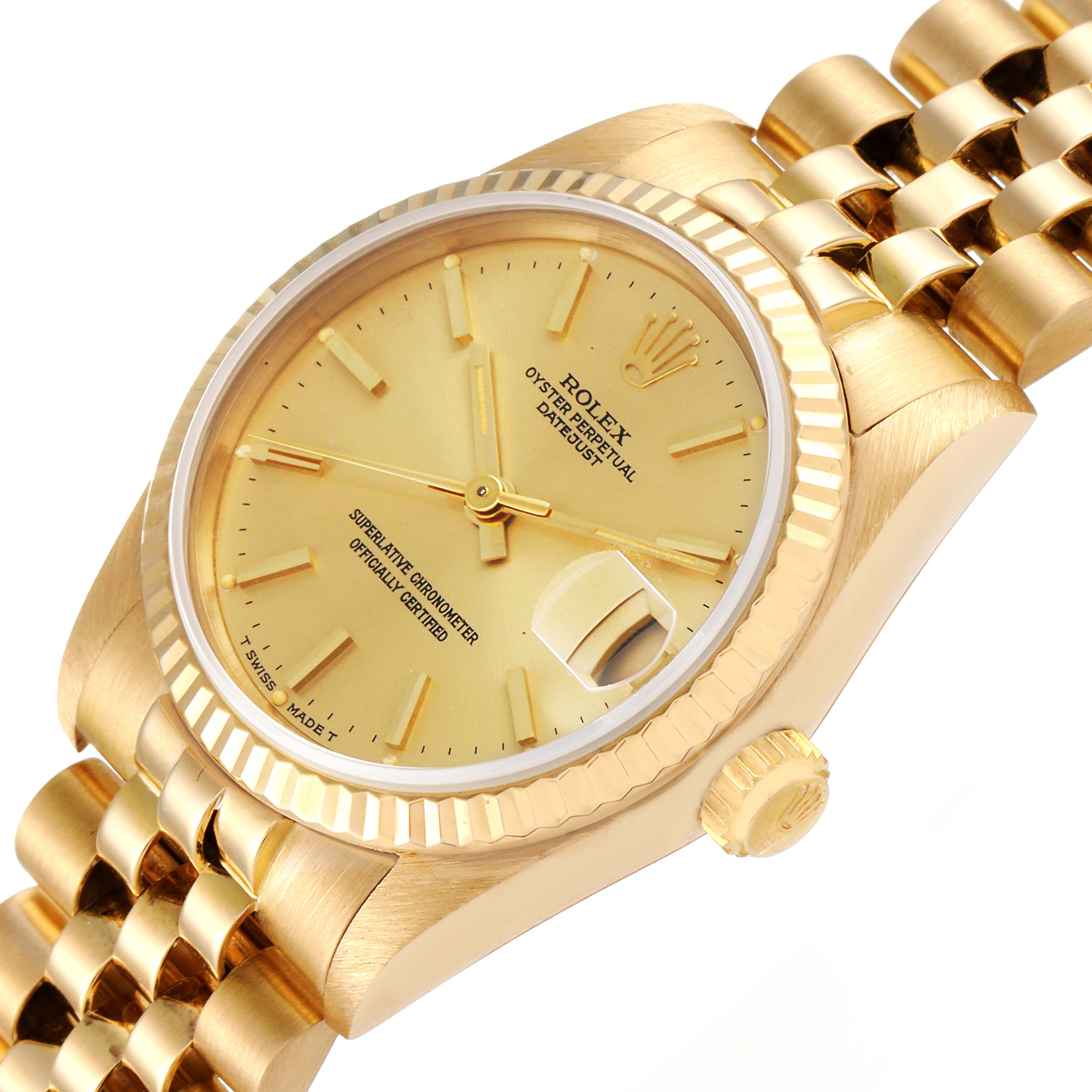 The image shows a close-up, side-angle view of a Rolex President 68278 Women's Yellow Gold Champagne Dial 68278 Women's Yellow Gold Champagne Dial model watch focusing on its dial, bezel, and bracelet.