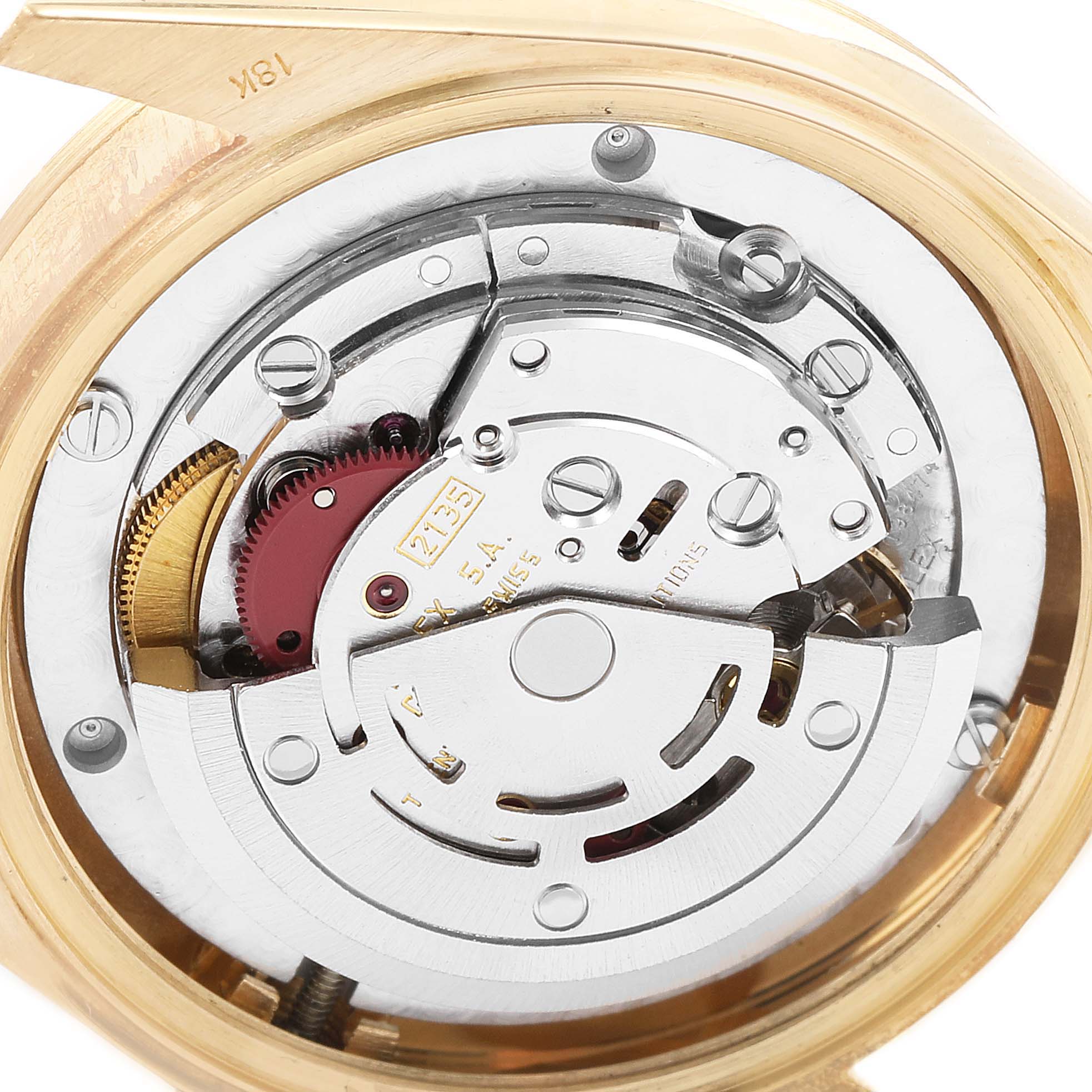 This image shows a close-up of the Rolex President 68278 Women's Yellow Gold Champagne Dial 68278 Women's Yellow Gold Champagne Dial model's watch movement and intricate internal components.