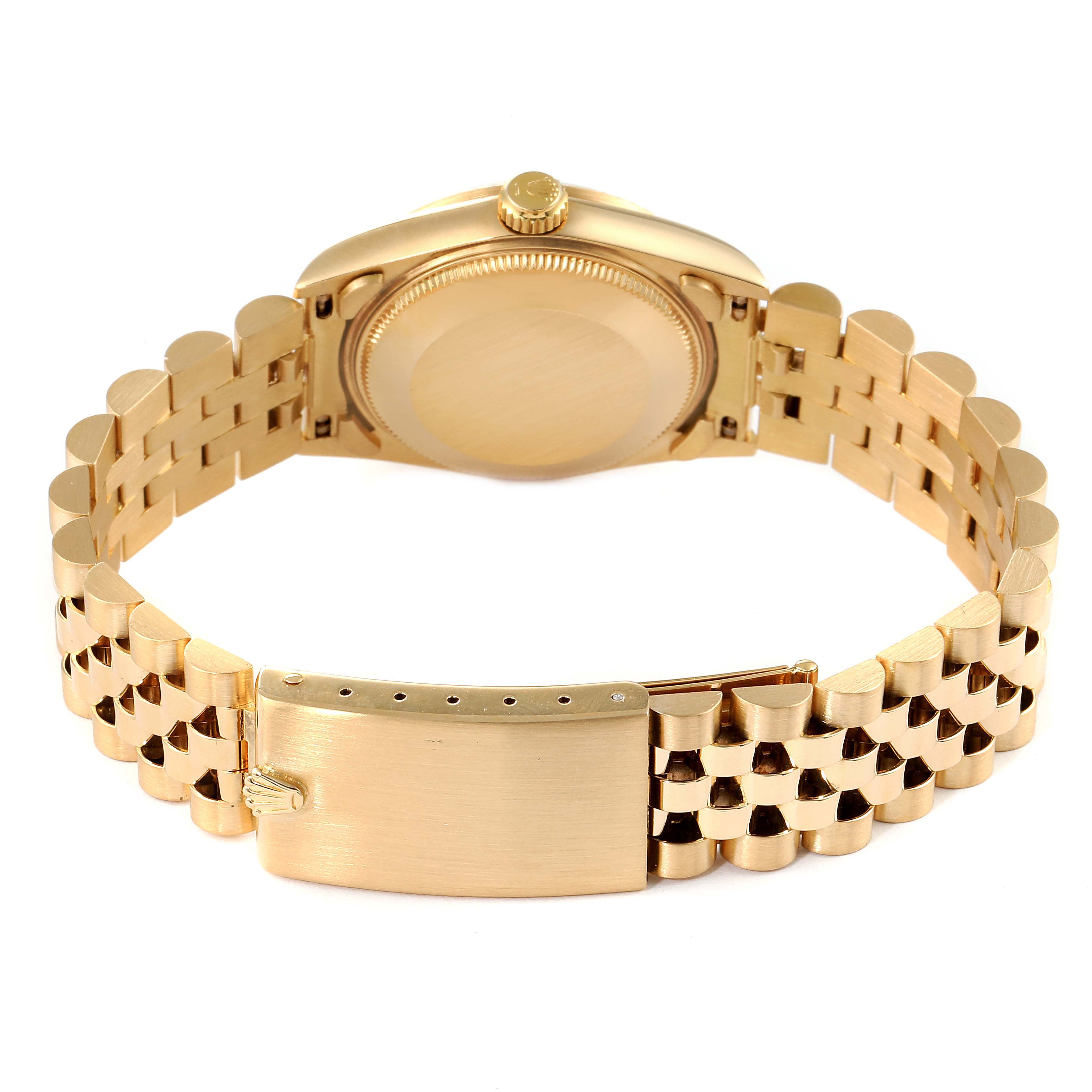 The image shows a rear view of the Rolex President 68278 Women's Yellow Gold Champagne Dial 68278 Women's Yellow Gold Champagne Dial model watch, highlighting its gold bracelet and clasp.