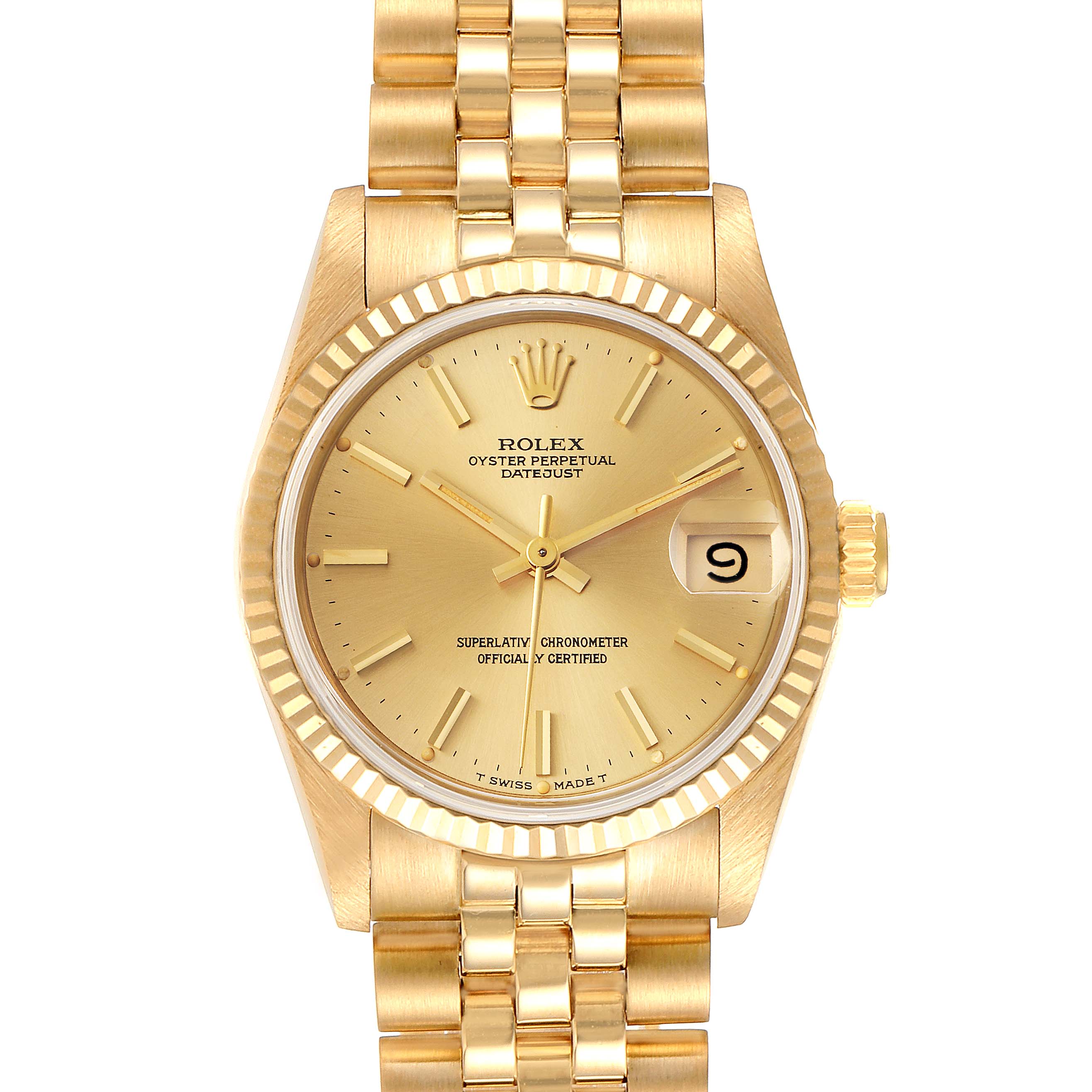 The image shows a front view of the Rolex President 68278 Women's Yellow Gold Champagne Dial 68278 Women's Yellow Gold Champagne Dial model watch, highlighting the dial, date window, and bracelet.