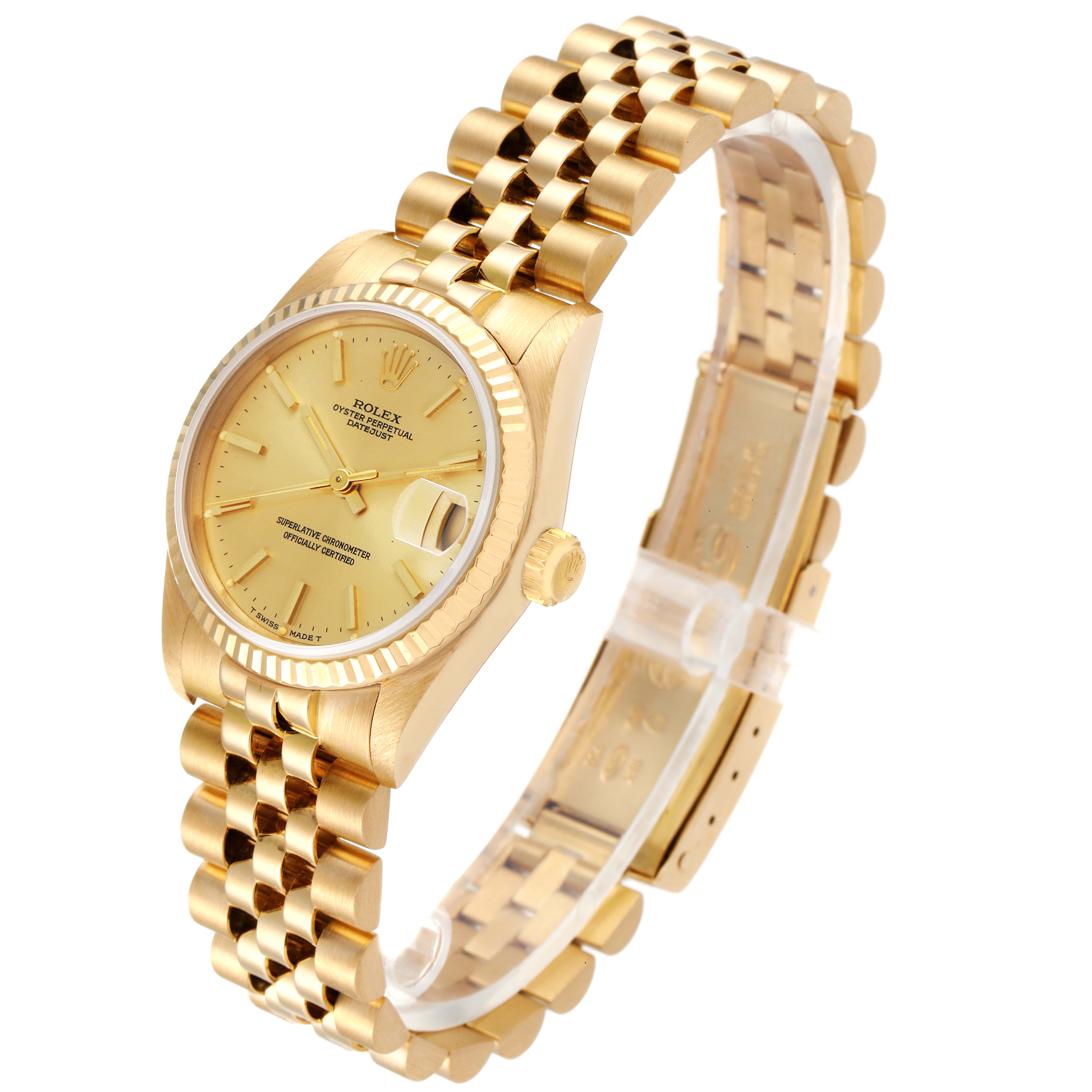 The image shows a gold Rolex President 68278 Women's Yellow Gold Champagne Dial 68278 Women's Yellow Gold Champagne Dial model watch at a slight angle, showcasing the face, bezel, and band.
