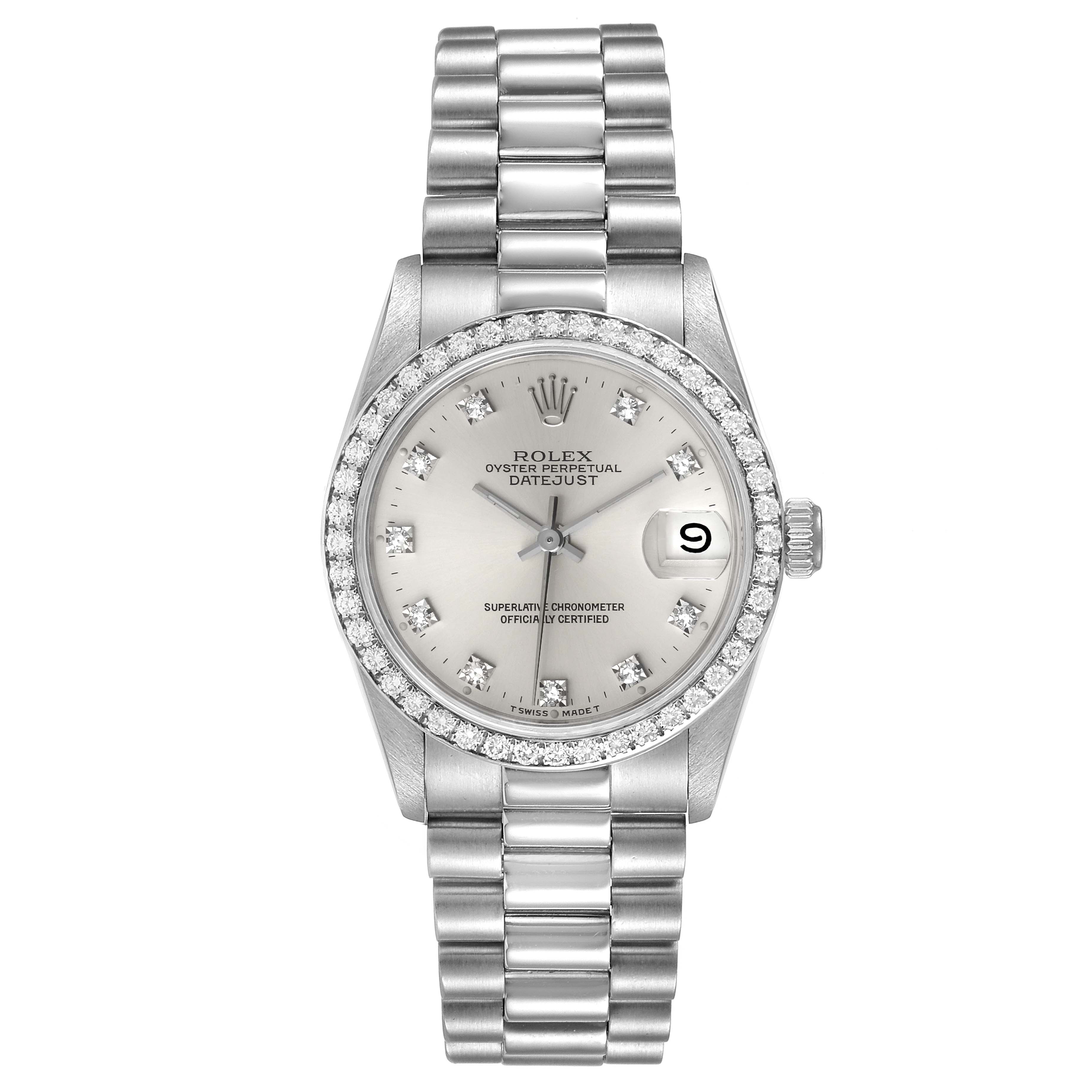 This image shows a frontal view of a Rolex President 68286 Women's Platinum Silver Dial 68286 Women's Platinum Silver Dial model watch, displaying the bracelet, bezel, dial, and crown.