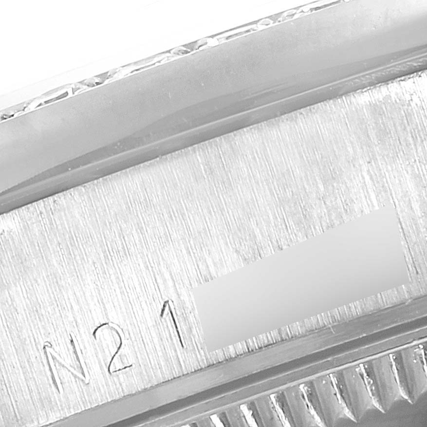 The image shows a close-up of the case side engraving on a Rolex President 68286 Women's Platinum Silver Dial 68286 Women's Platinum Silver Dial model.