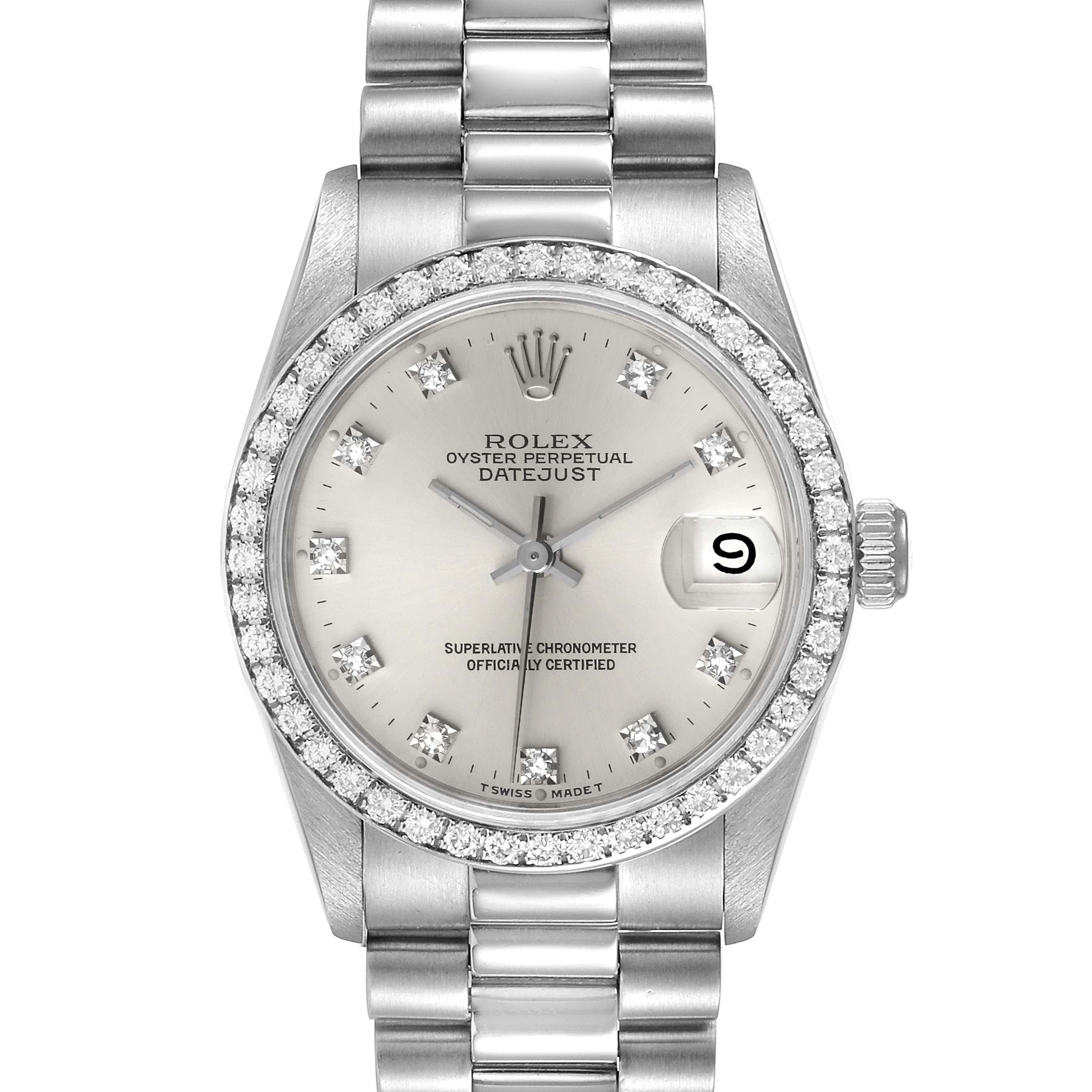 The image shows a front view of a Rolex President 68286 Women's Platinum Silver Dial 68286 Women's Platinum Silver Dial model, displaying its dial, bezel, and bracelet.