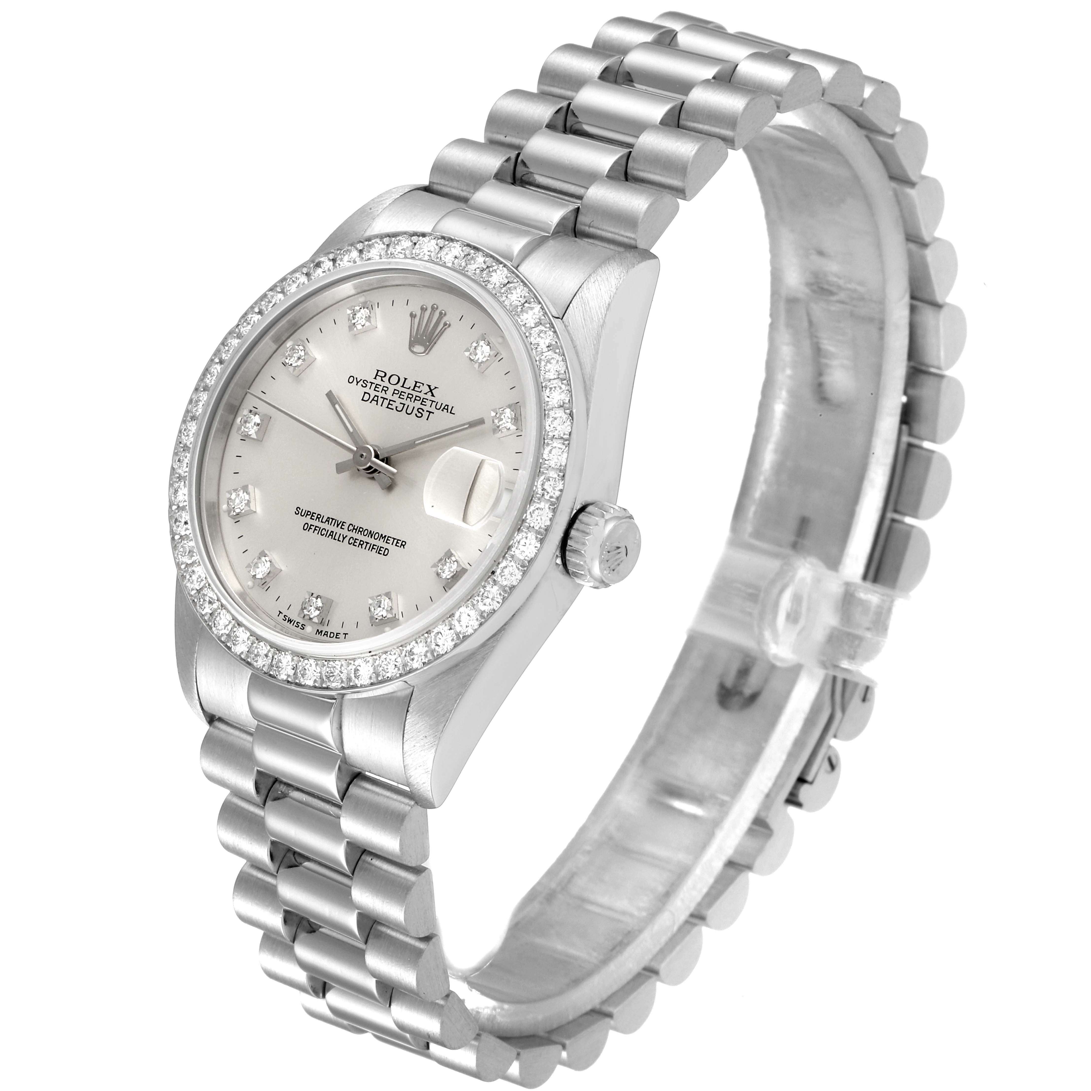 The Rolex President 68286 Women's Platinum Silver Dial 68286 Women's Platinum Silver Dial watch is shown at a slight angle, displaying its bezel, dial, bracelet, and crown.