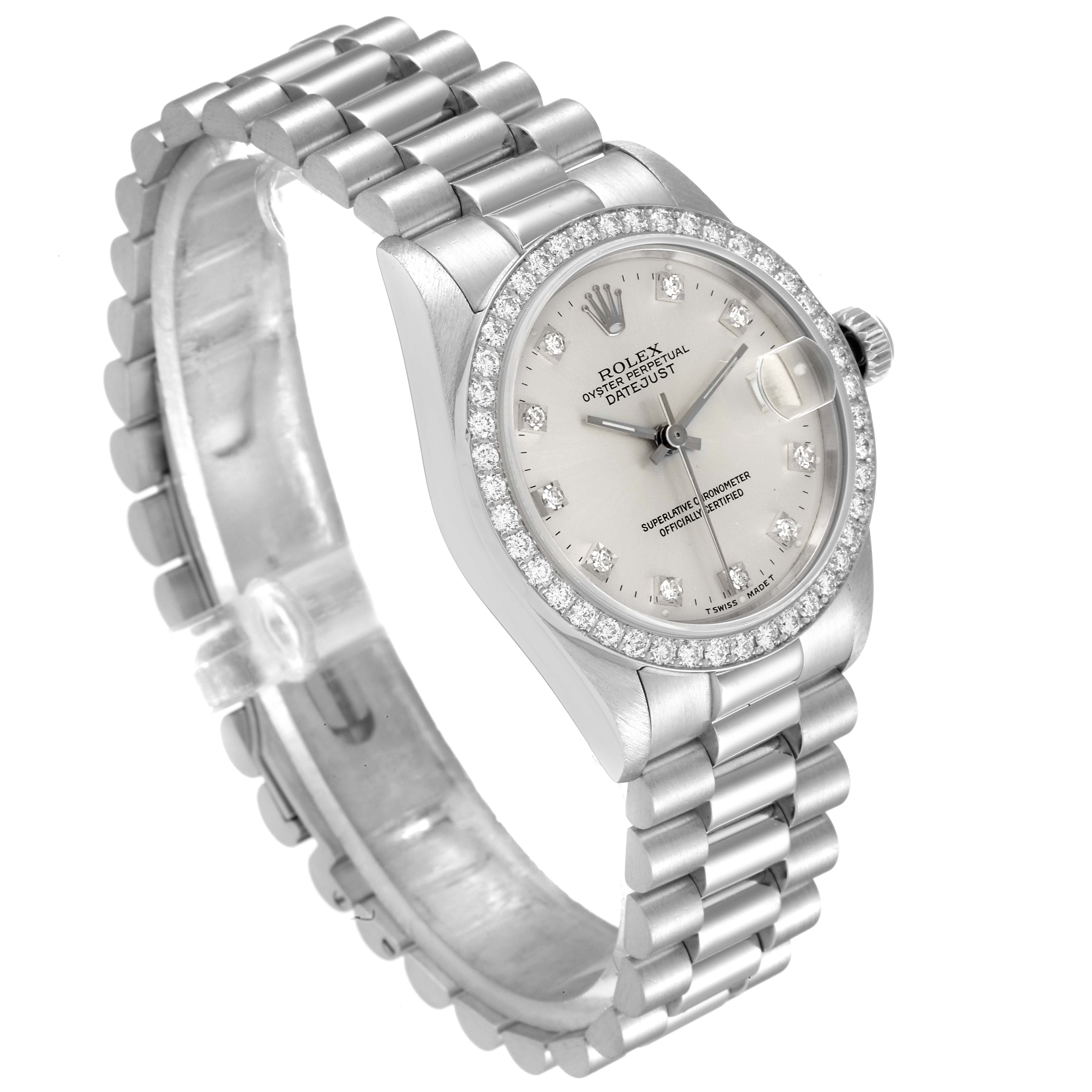 This image shows a Rolex President 68286 Women's Platinum Silver Dial 68286 Women's Platinum Silver Dial model watch at an angled view, displaying its face, bezel, crown, and bracelet.