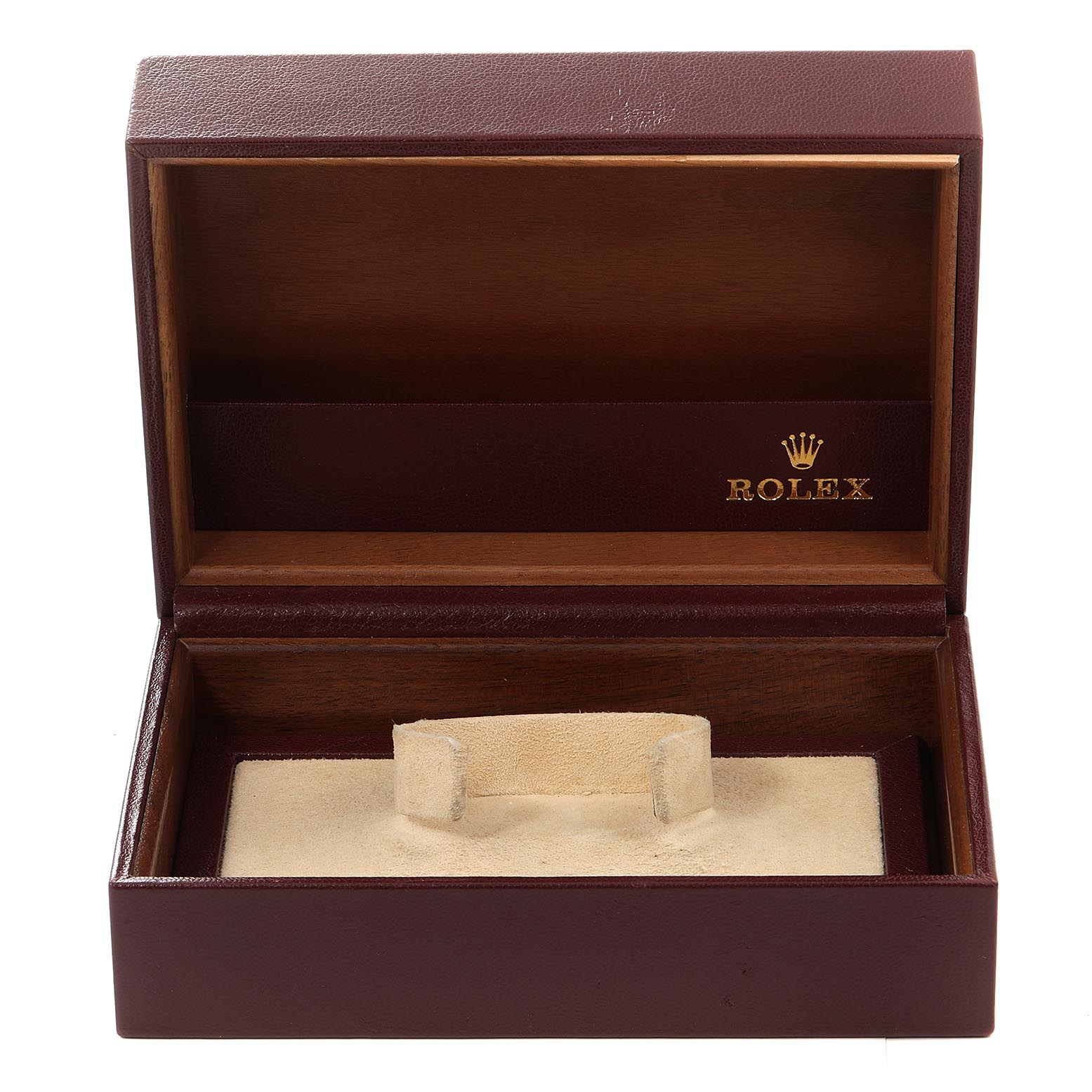 This image shows an open maroon watch box for a President model Rolex, displaying its interior velvet lining and Rolex logo.