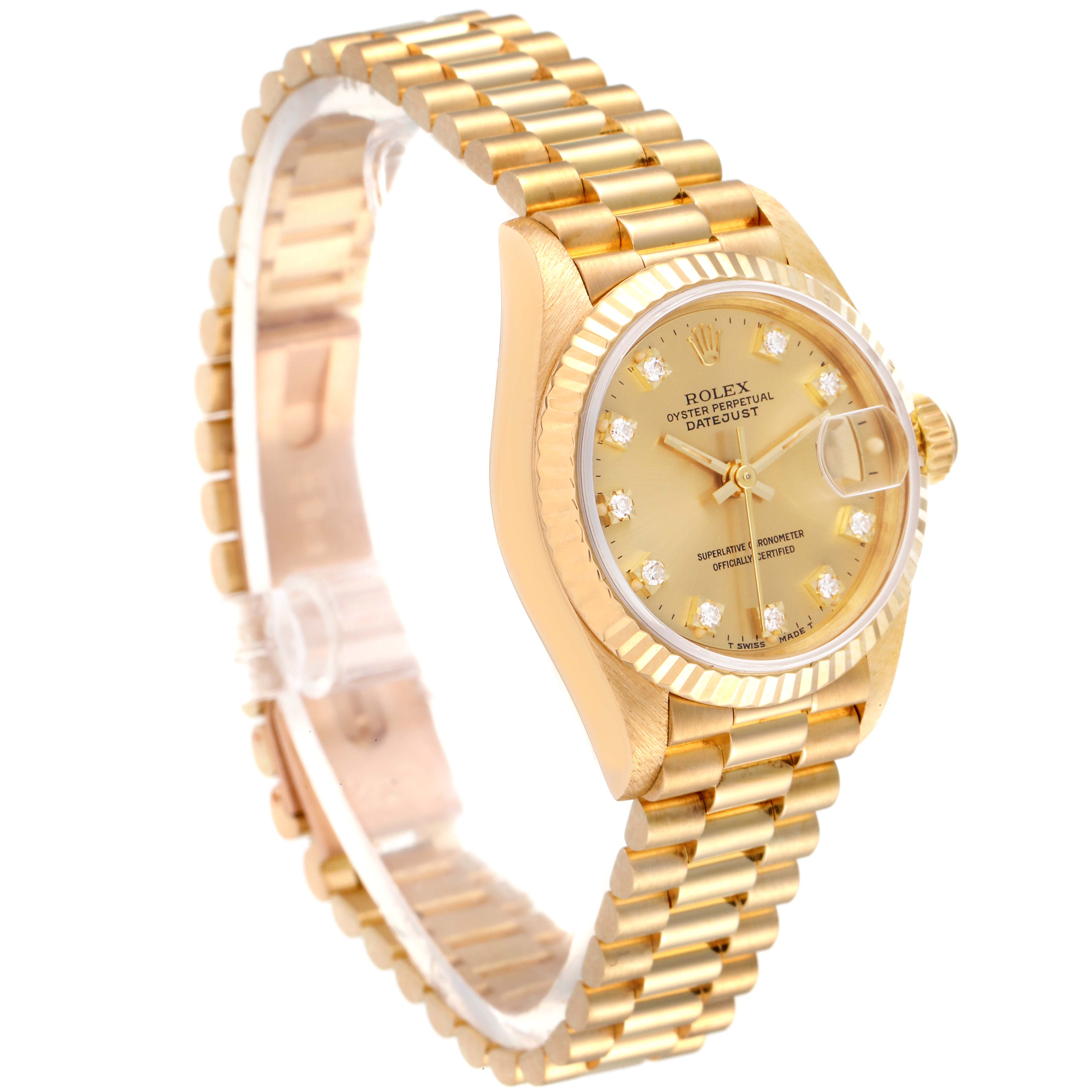 The image shows a side angle of a Rolex President 69178 Women
s Yellow Gold Champagne Dial 69178 Women
s Yellow Gold Champagne Dial model watch, highlighting its bracelet, case, crown, and dial.