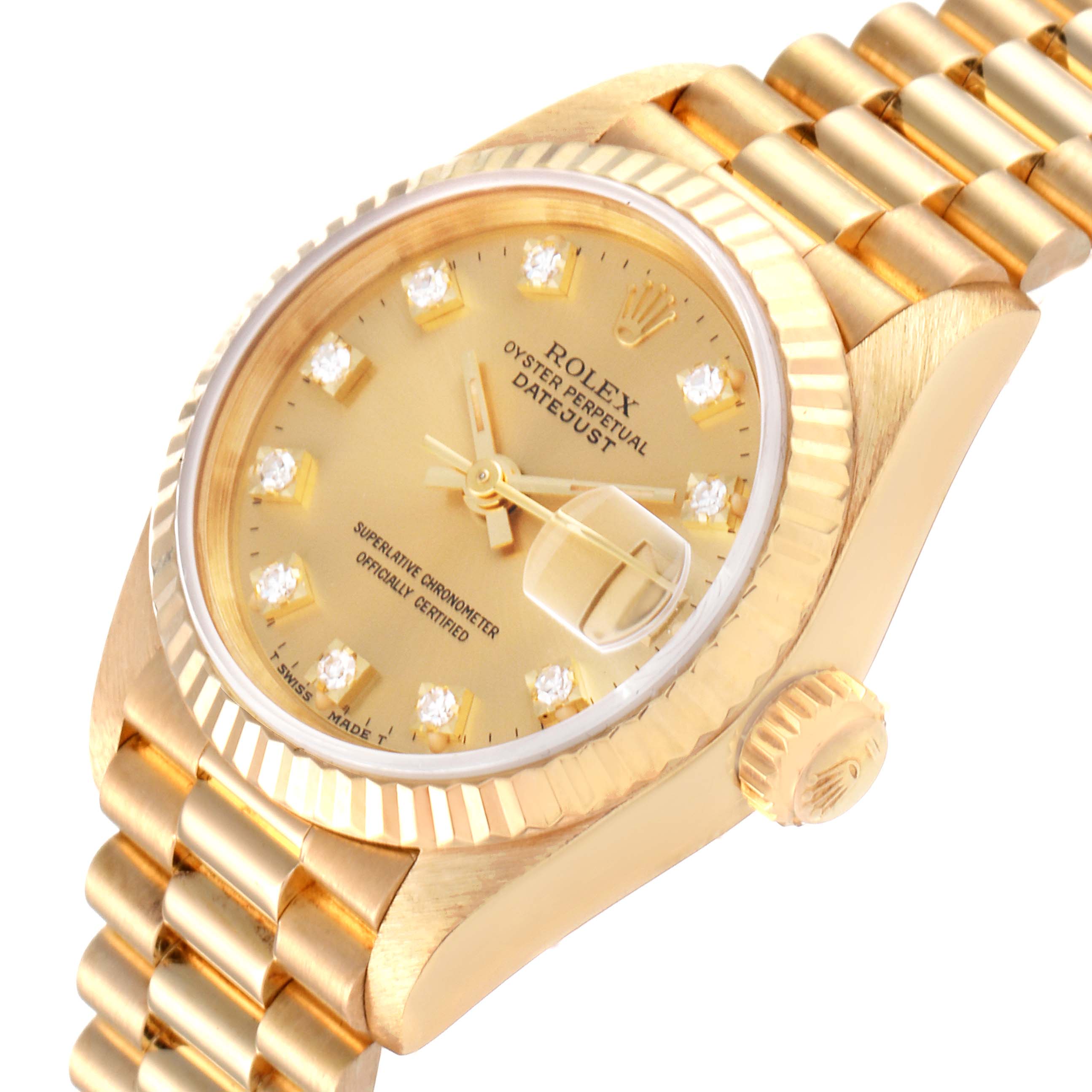 This image shows a Rolex President 69178 Women
s Yellow Gold Champagne Dial 69178 Women
s Yellow Gold Champagne Dial model watch at an angled view, highlighting the dial, bracelet, bezel, and crown.
