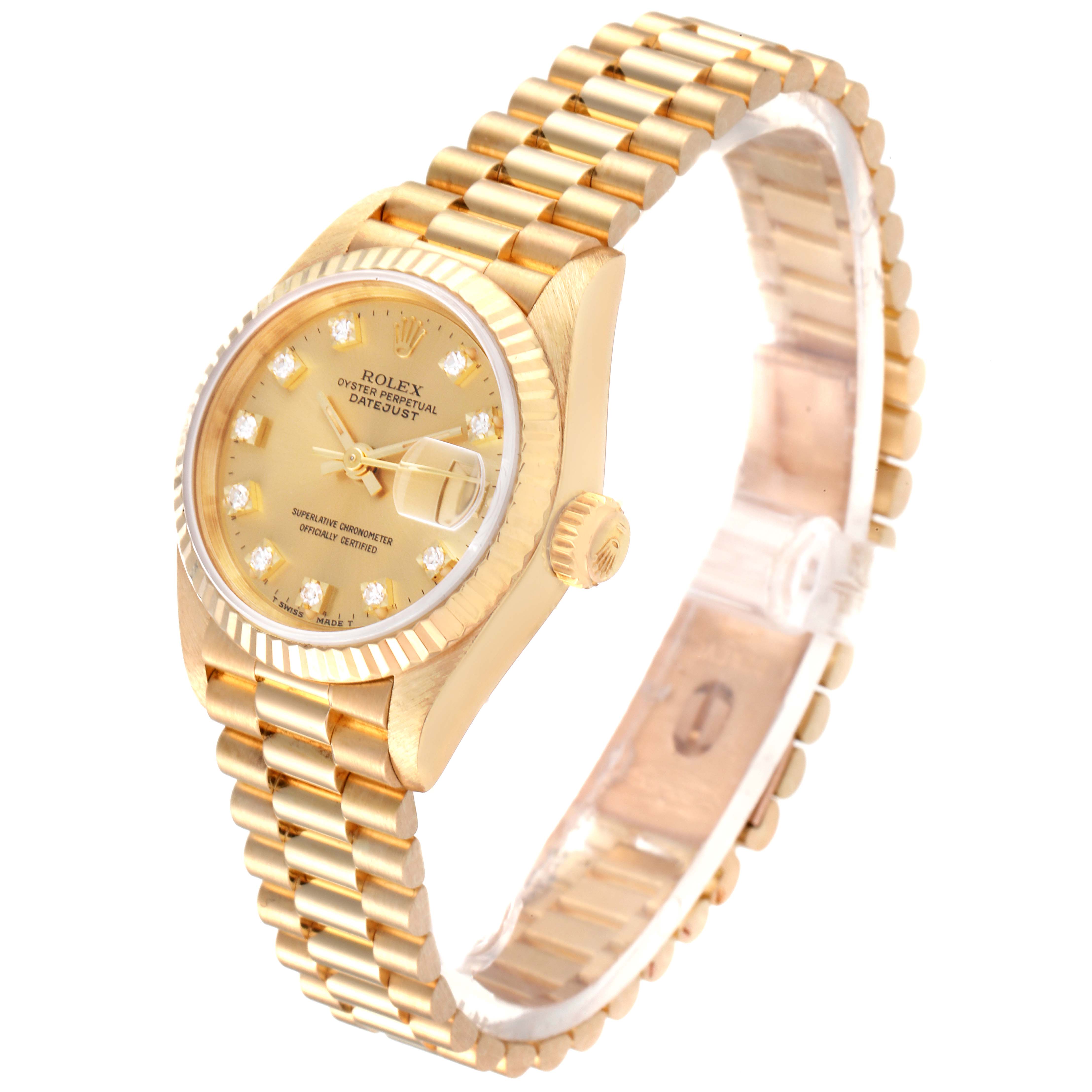 This image shows a side angle of the Rolex President 69178 Women
s Yellow Gold Champagne Dial 69178 Women
s Yellow Gold Champagne Dial model watch featuring the dial, crown, case, and bracelet.