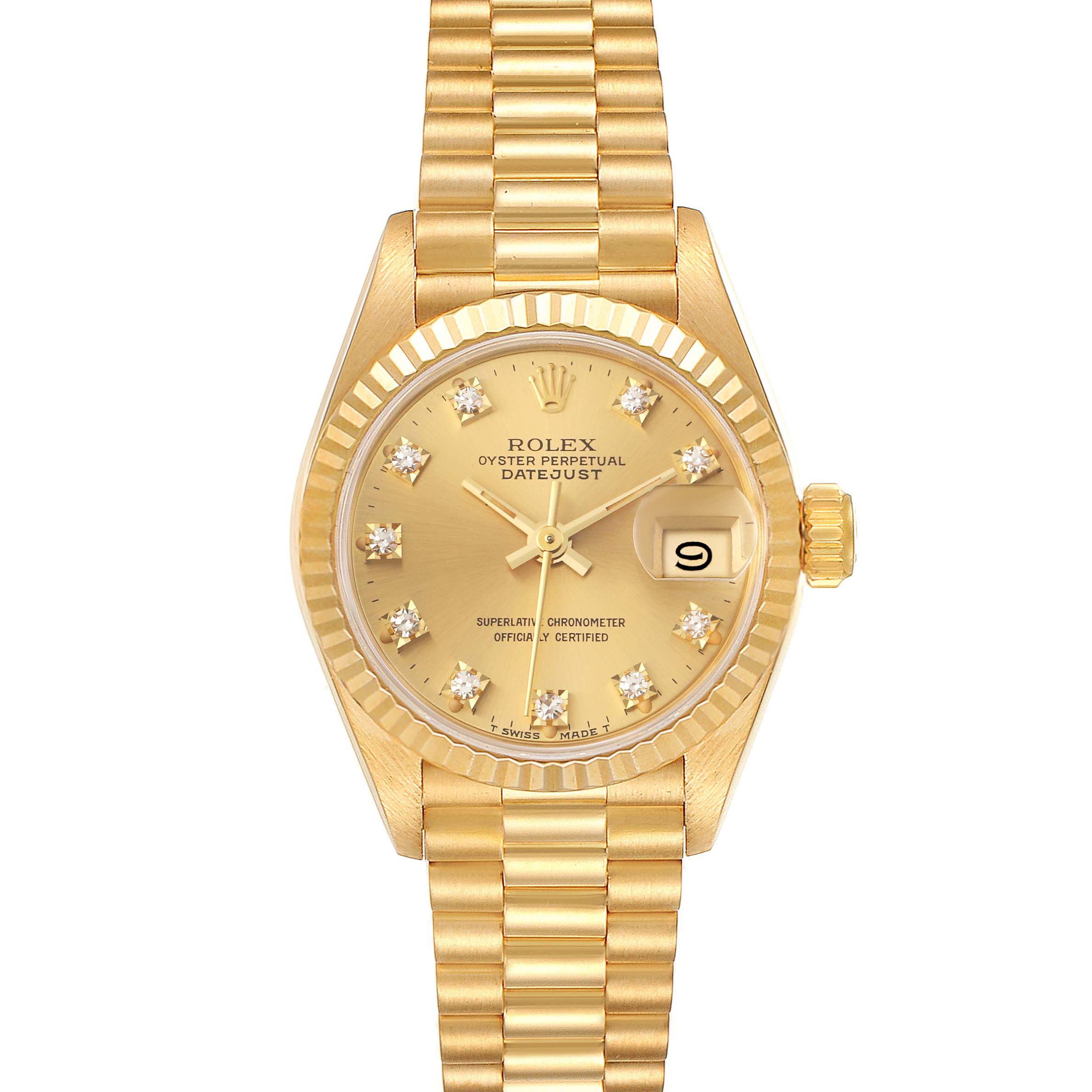 The image shows a top-down view of a Rolex President 69178 Women
s Yellow Gold Champagne Dial 69178 Women
s Yellow Gold Champagne Dial Datejust watch, focusing on its gold bracelet, dial, and fluted bezel.