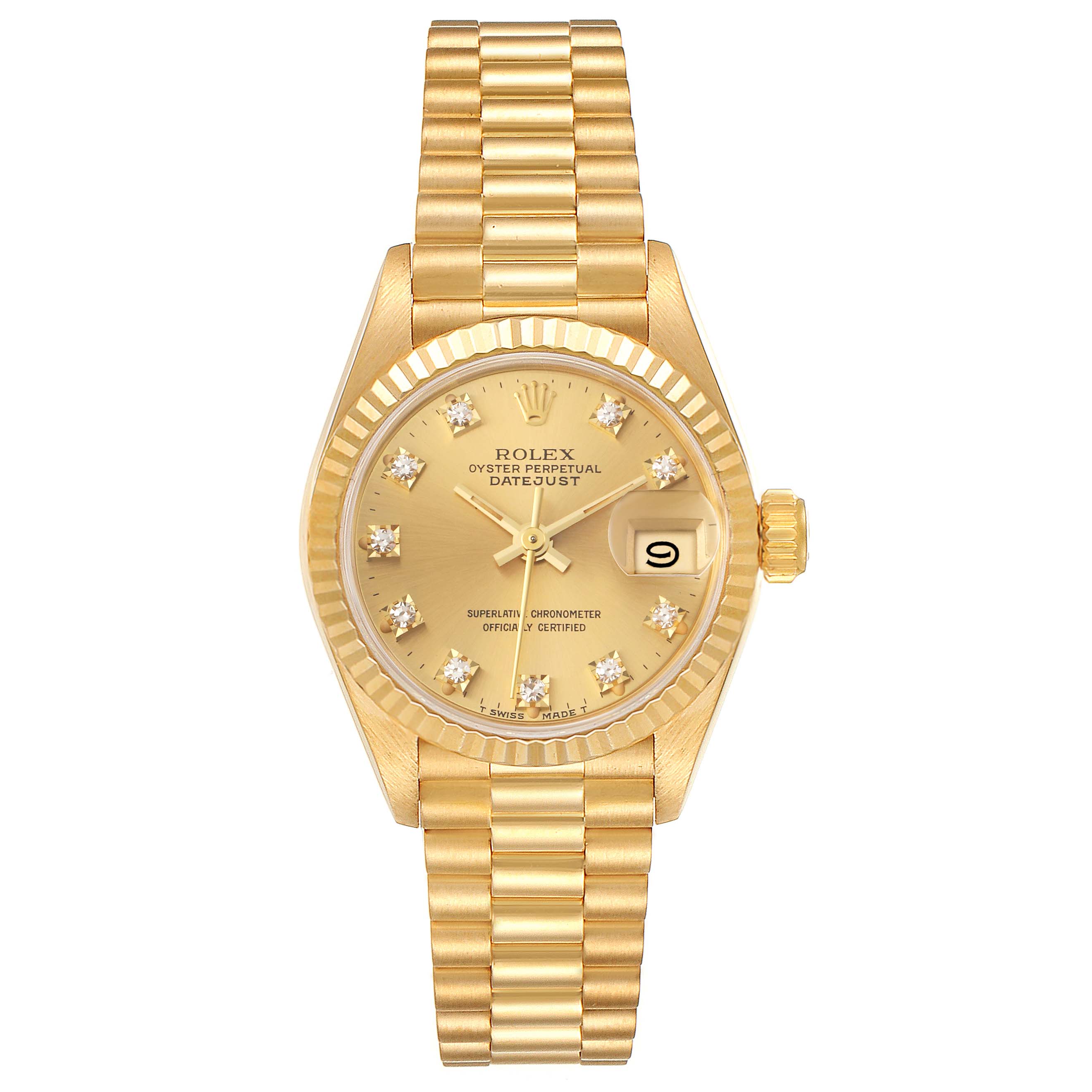 The image shows a Rolex President 69178 Women
s Yellow Gold Champagne Dial 69178 Women
s Yellow Gold Champagne Dial model watch, featuring a gold dial, date window, and a gold bracelet, viewed from the front.