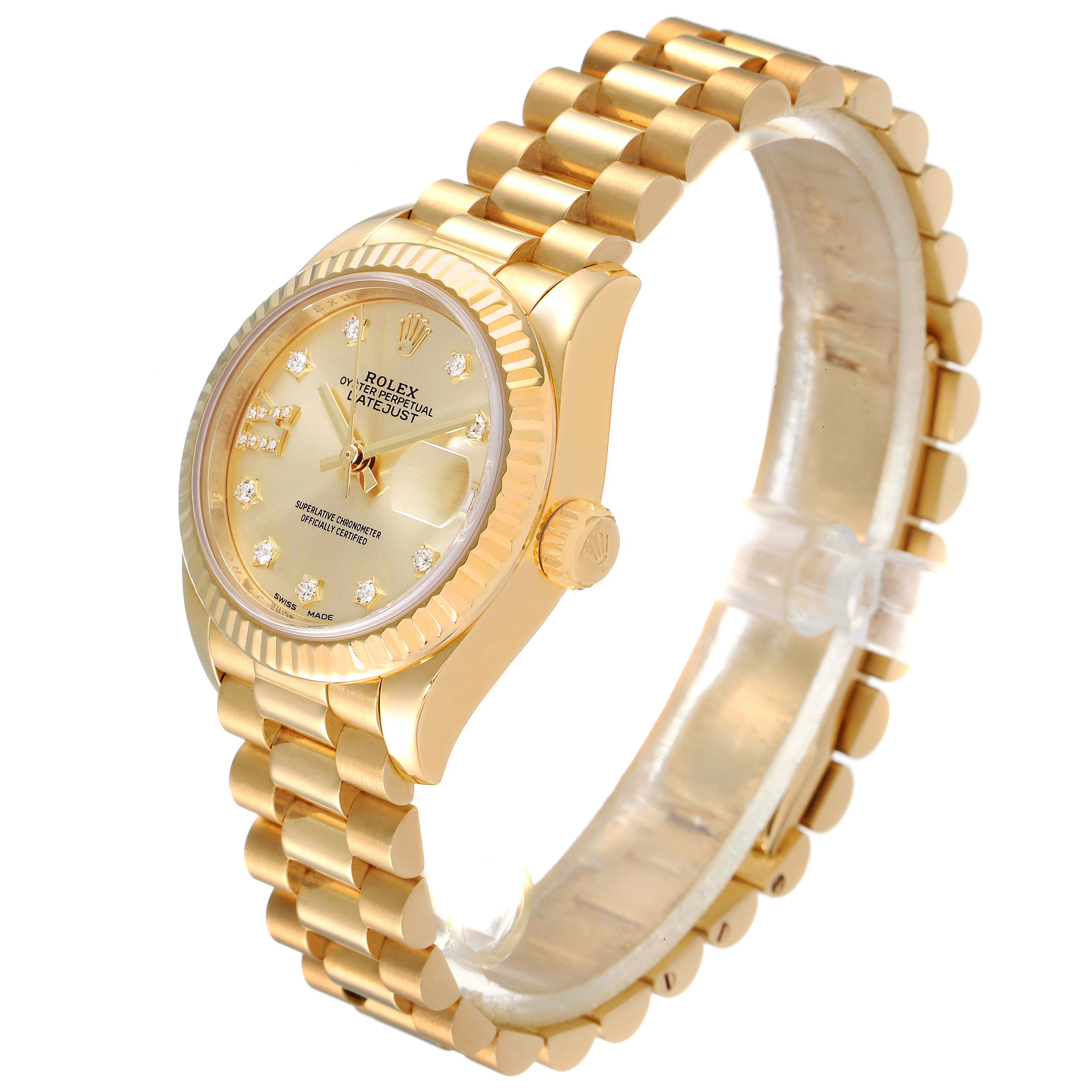 The image displays a Rolex President 279178 Women
s Yellow Gold Champagne Dial 279178 Women
s Yellow Gold Champagne Dial model watch at a slight angle, showcasing the watch face, bracelet, and crown.