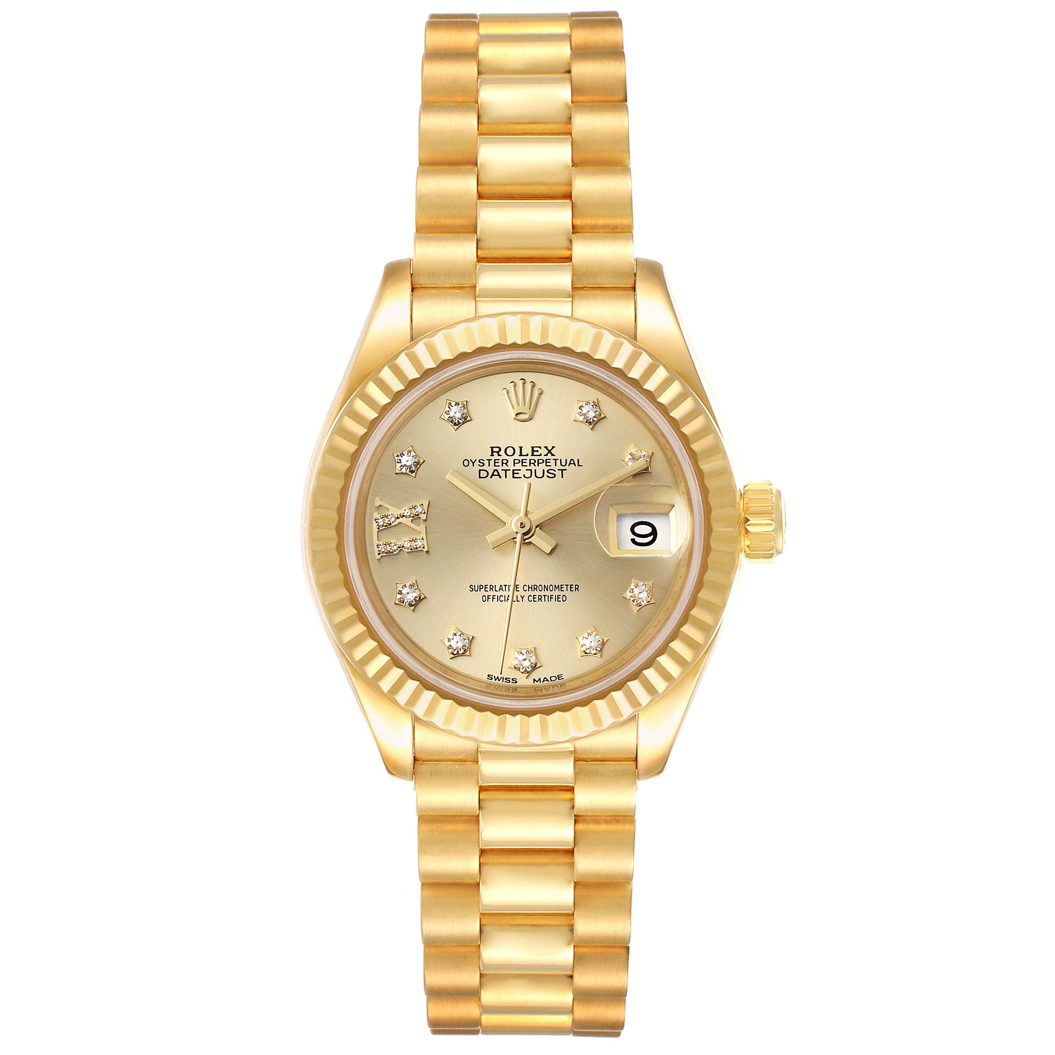 The image shows a Rolex President 279178 Women
s Yellow Gold Champagne Dial 279178 Women
s Yellow Gold Champagne Dial model watch from a front angle, displaying its face, dial, bezel, and bracelet.