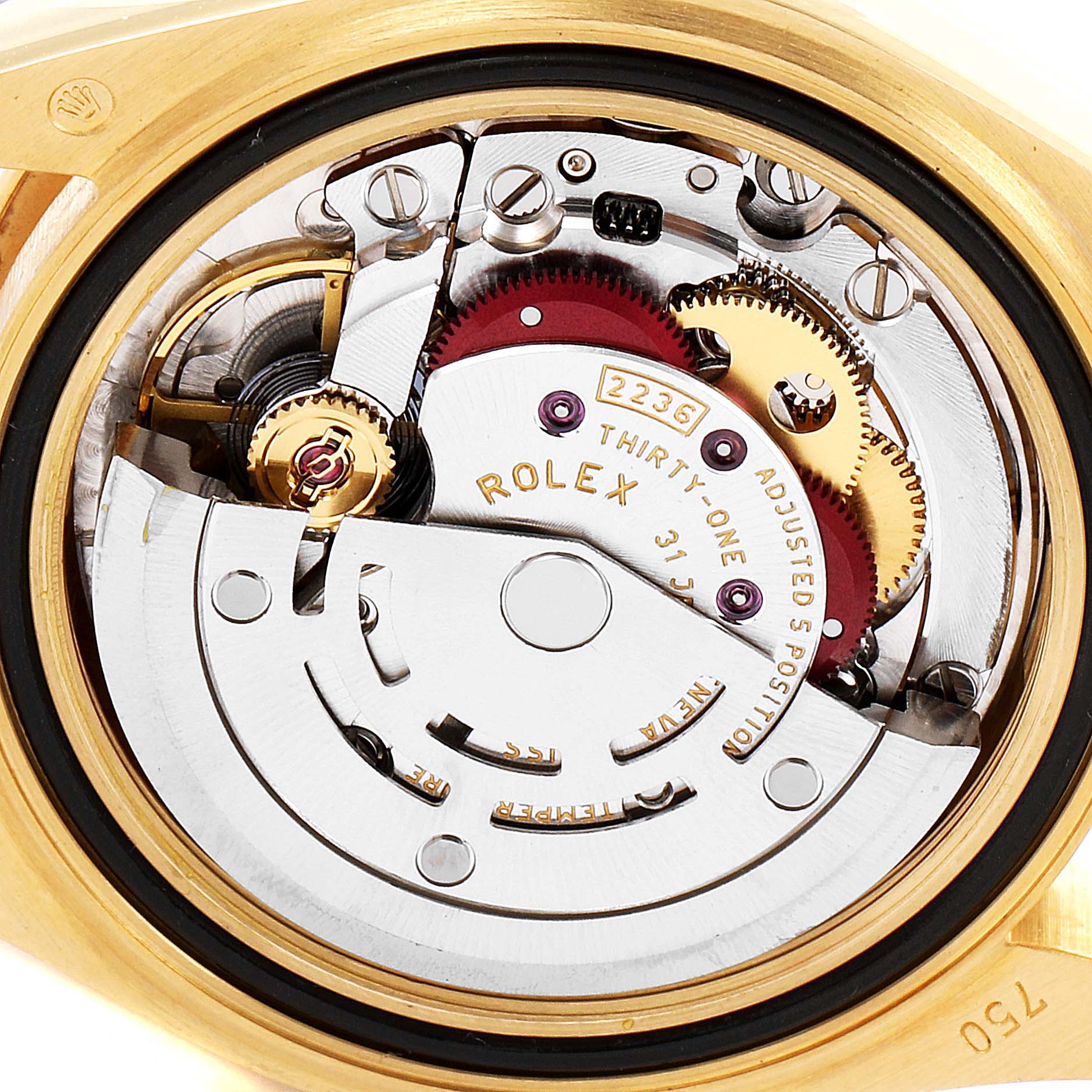 This image shows the internal mechanics of the Rolex President 279178 Women
s Yellow Gold Champagne Dial 279178 Women
s Yellow Gold Champagne Dial model watch, focusing on its intricate movement components.