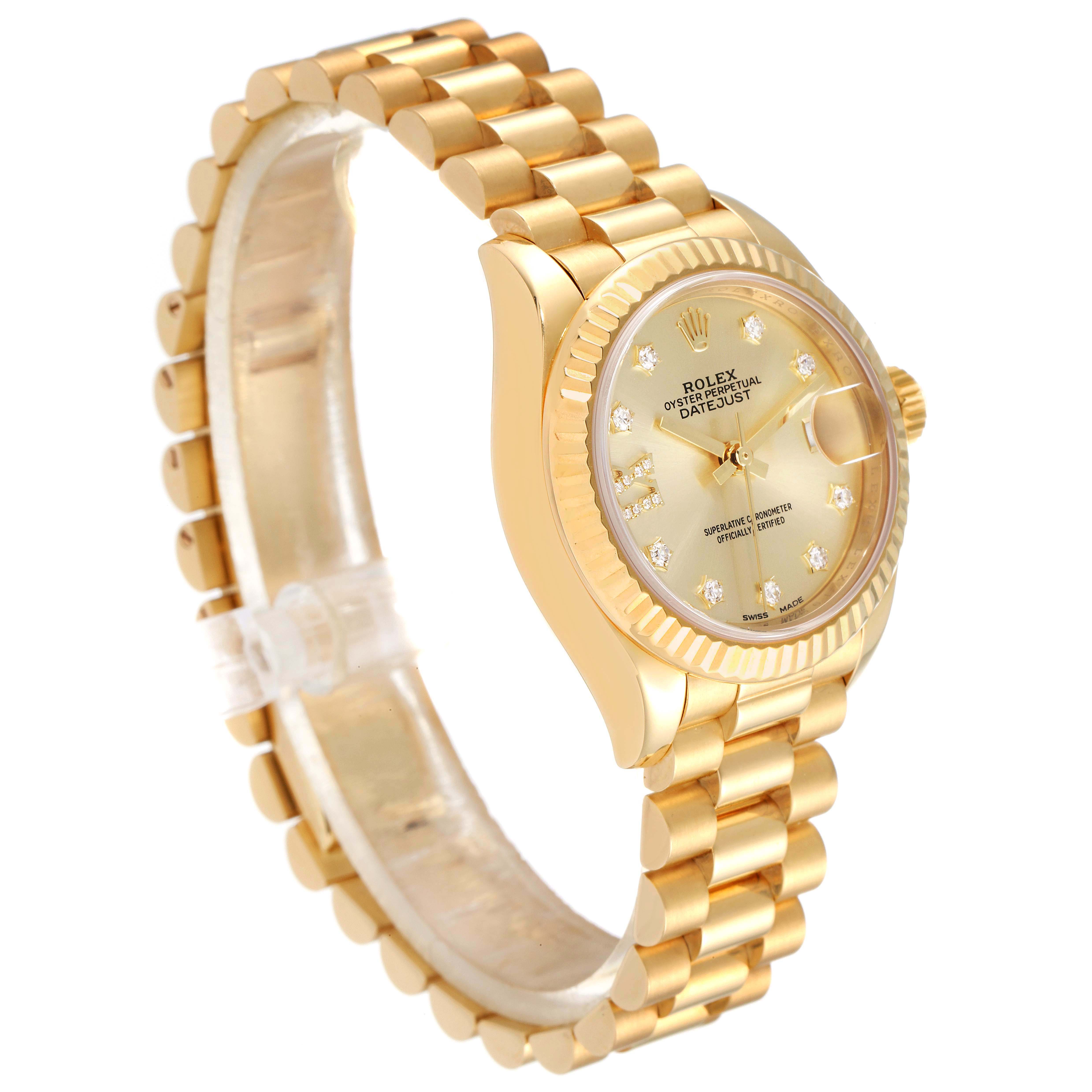 The Rolex President 279178 Women
s Yellow Gold Champagne Dial 279178 Women
s Yellow Gold Champagne Dial model is shown at an oblique angle, highlighting the watch face, case, and bracelet.