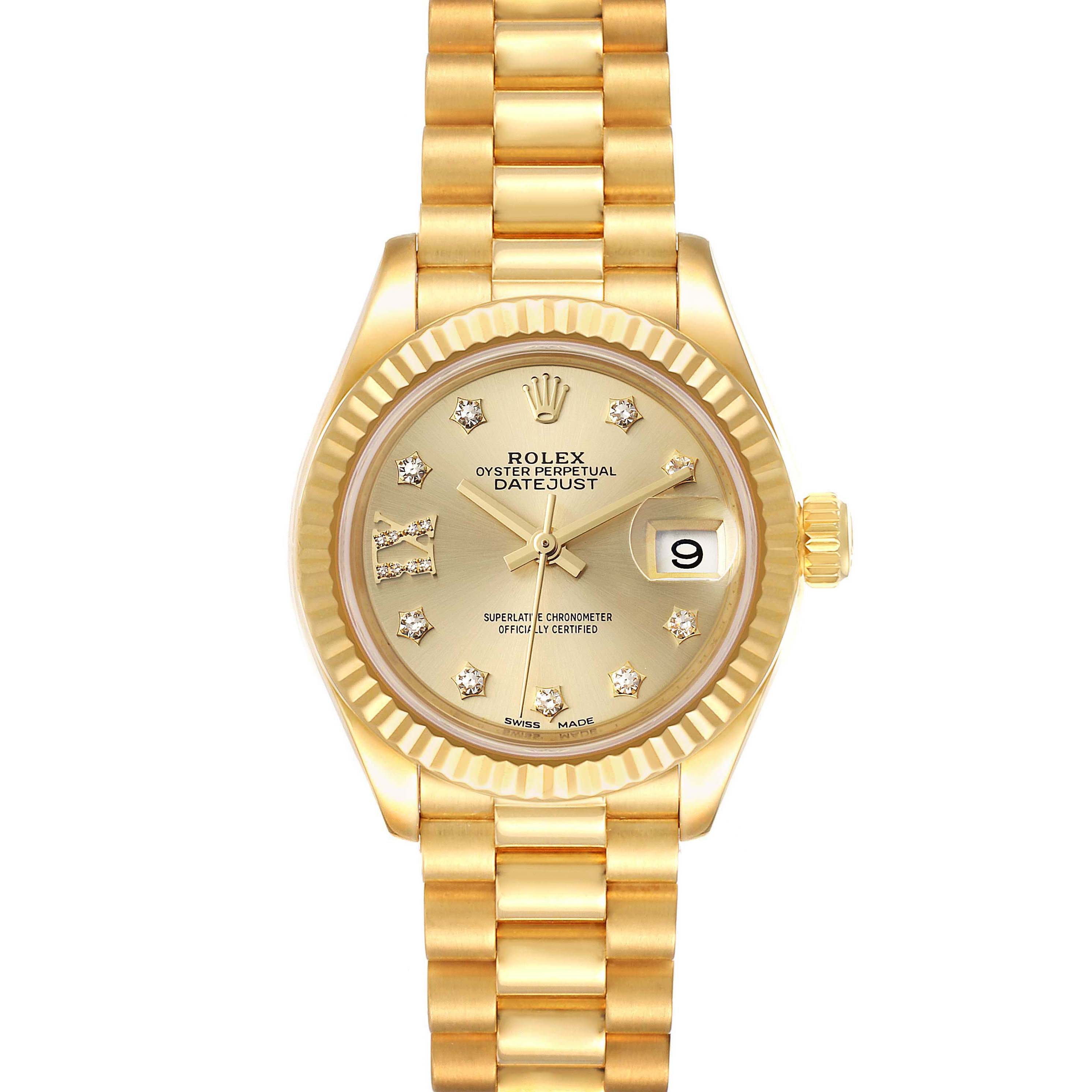 The image shows a front view of the Rolex President 279178 Women
s Yellow Gold Champagne Dial 279178 Women
s Yellow Gold Champagne Dial model watch, highlighting its dial, date window, and gold bracelet.