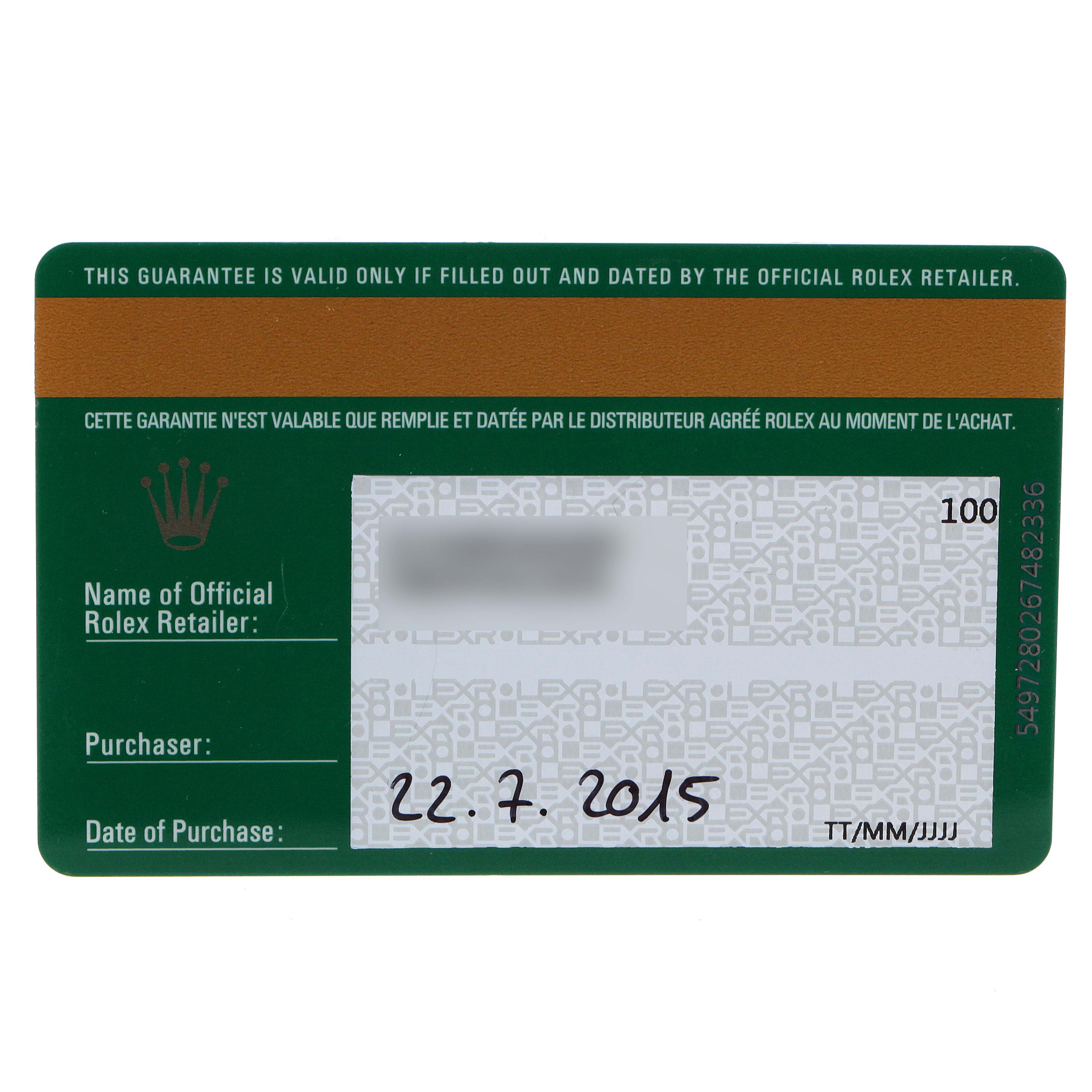 This image shows a Rolex guarantee card for the President model watch, indicating purchase details and retailer information.