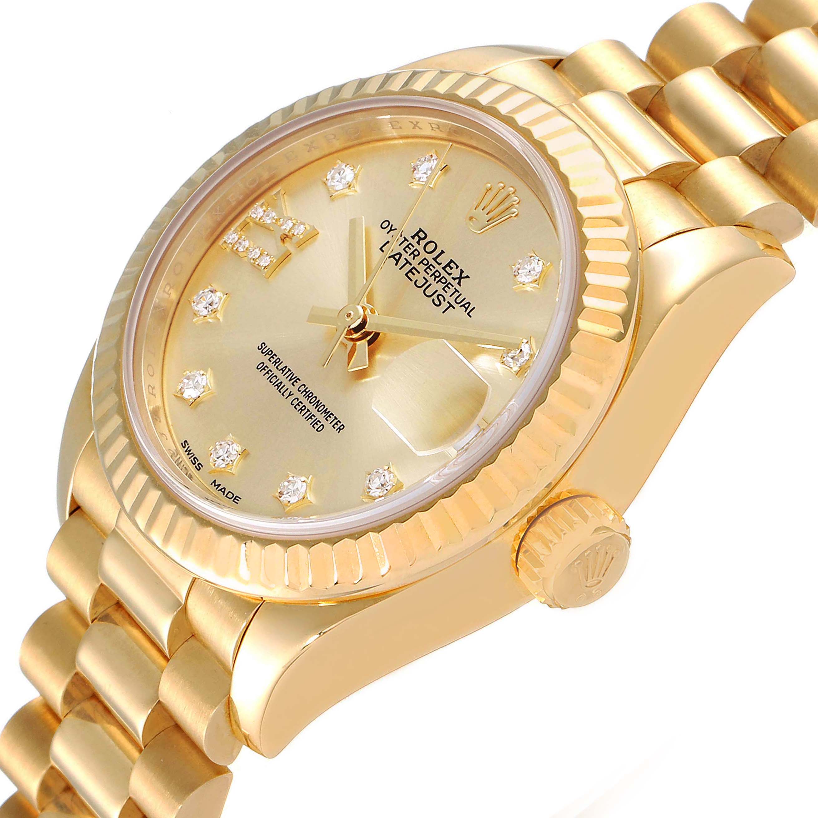 The image shows a close-up angle of the Rolex President 279178 Women
s Yellow Gold Champagne Dial 279178 Women
s Yellow Gold Champagne Dial model watch, highlighting its gold case, dial, and bracelet.