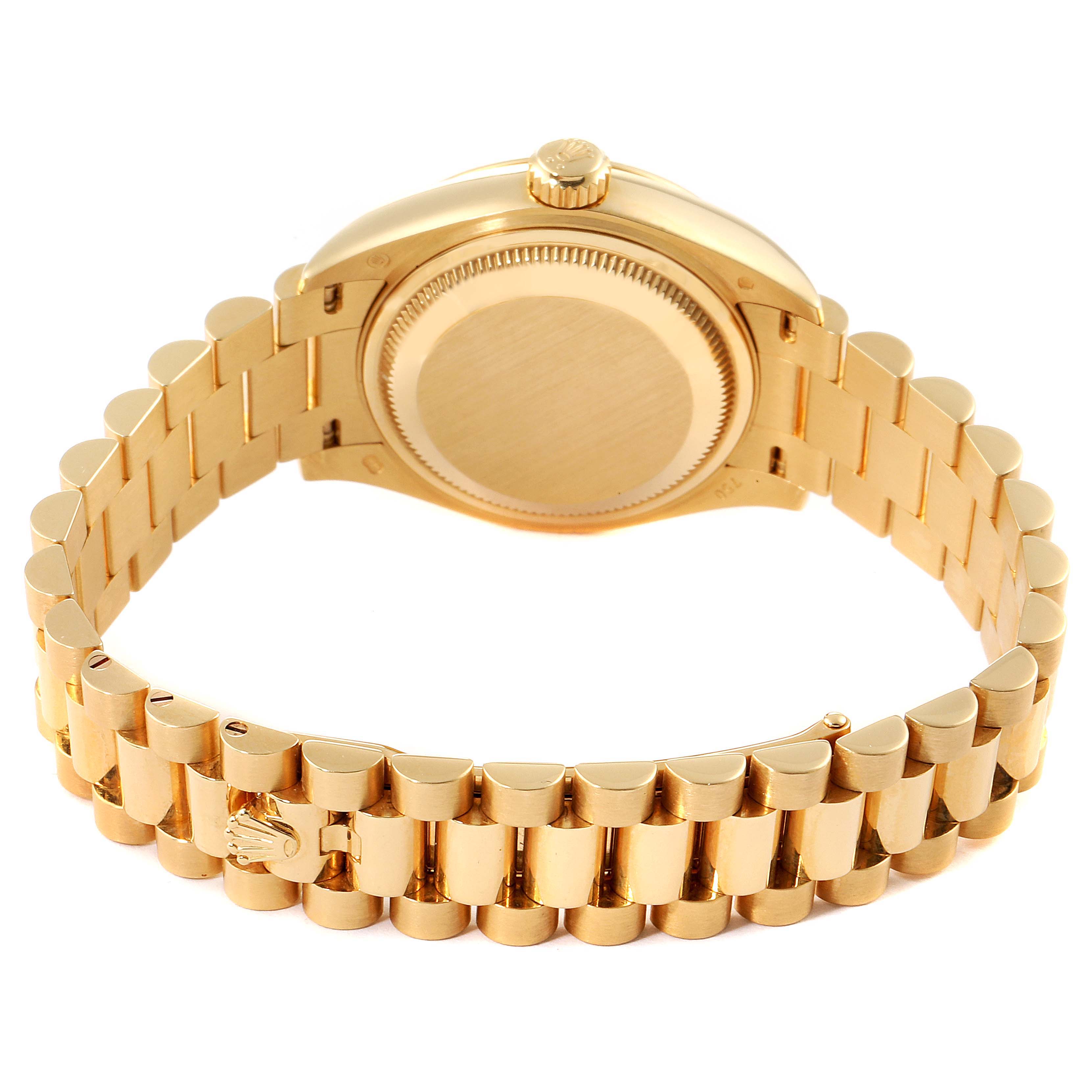 The image shows the back and bracelet of a Rolex President 279178 Women
s Yellow Gold Champagne Dial 279178 Women
s Yellow Gold Champagne Dial model watch from a rear angle.