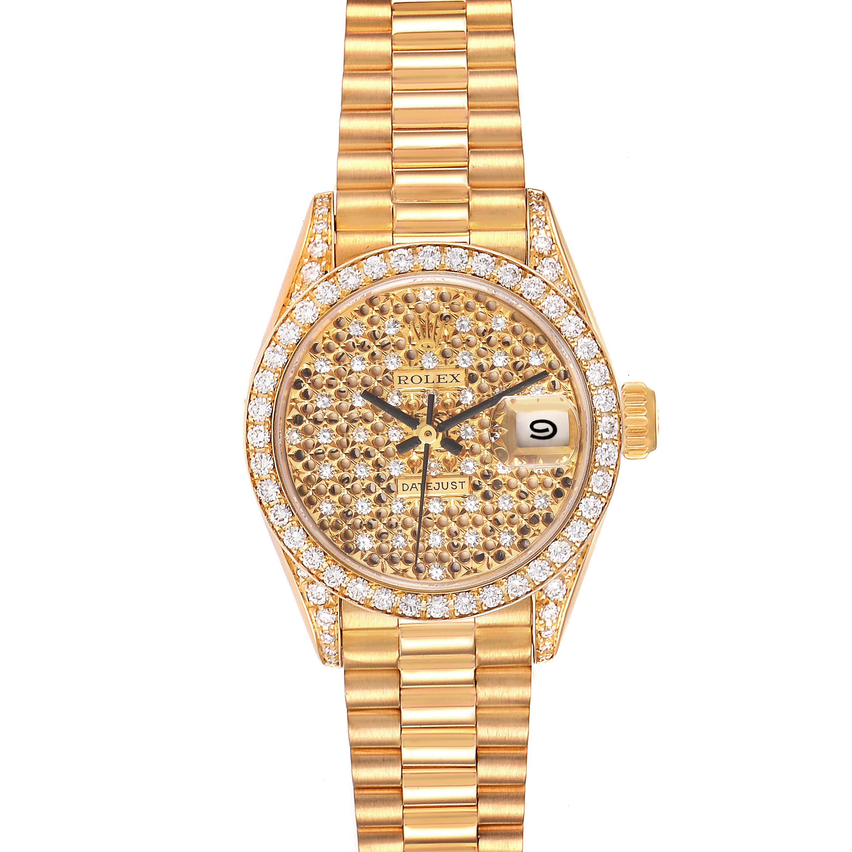 The image shows a front view of a Rolex President 69158 Women
s Yellow Gold Champagne Dial 69158 Women
s Yellow Gold Champagne Dial model watch, displaying its dial, bracelet, and diamond-encrusted bezel.