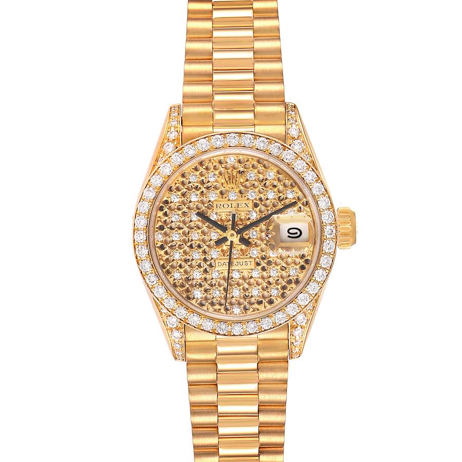 Rolex President Datejust Yellow Gold Honeycomb Diamond Watch 69158 Box Papers SwissWatchExpo