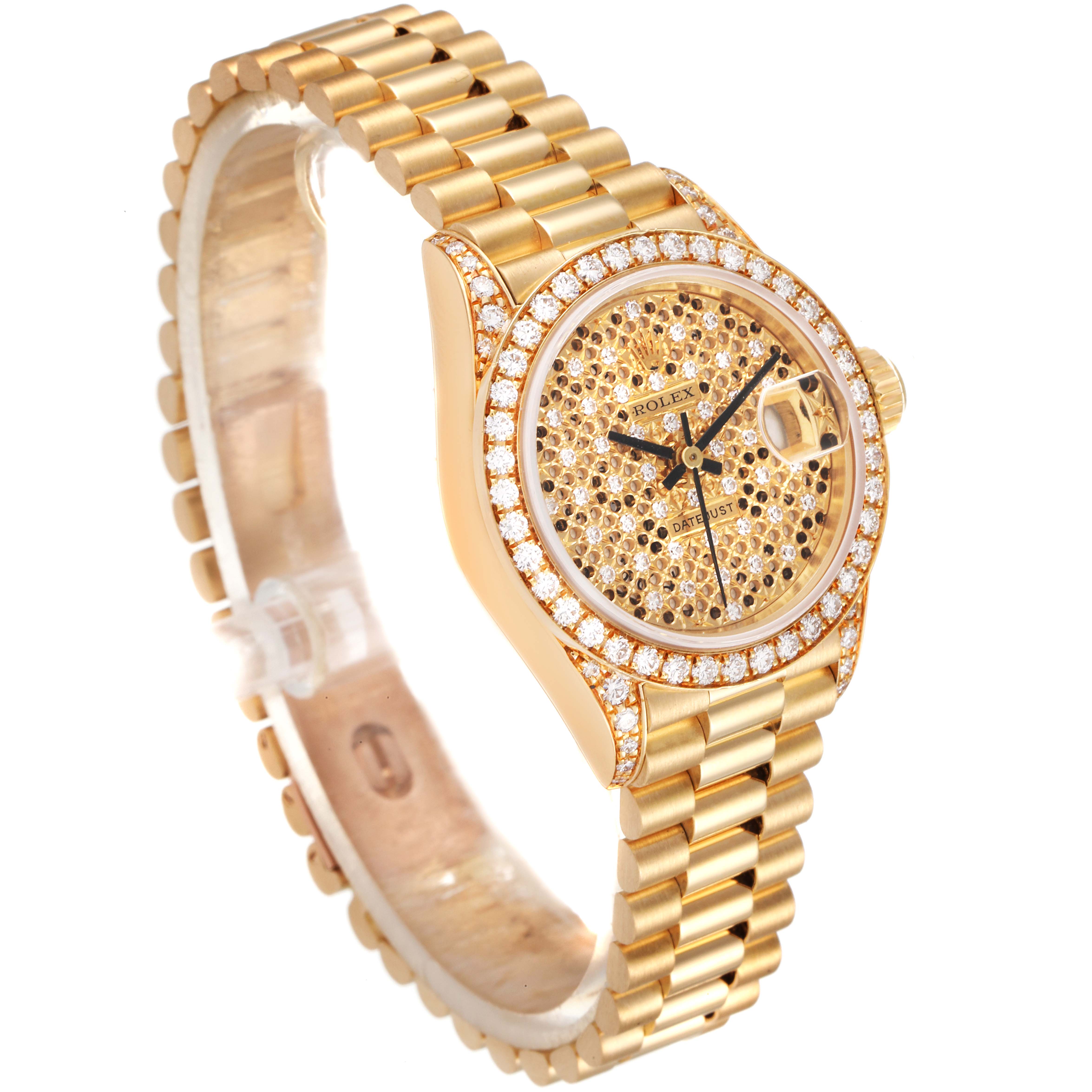 The image shows a side and angled top view of a gold Rolex President 69158 Women
s Yellow Gold Champagne Dial 69158 Women
s Yellow Gold Champagne Dial watch with a diamond-encrusted bezel and dial.