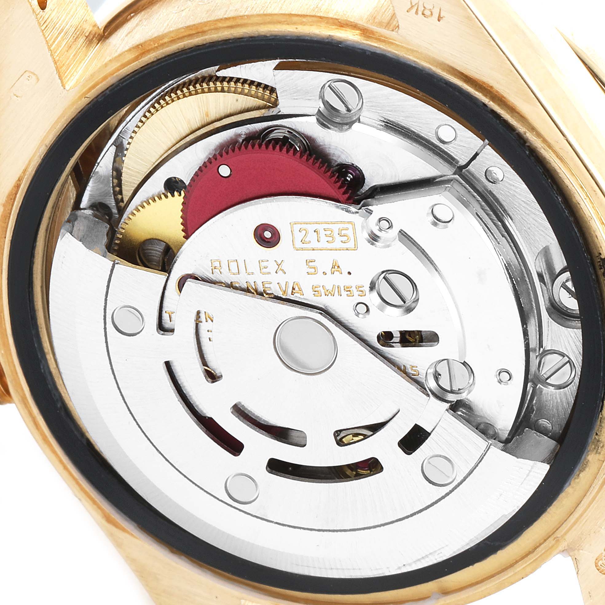 This image shows a close-up of the movement mechanism of a Rolex President 69158 Women
s Yellow Gold Champagne Dial 69158 Women
s Yellow Gold Champagne Dial model watch.
