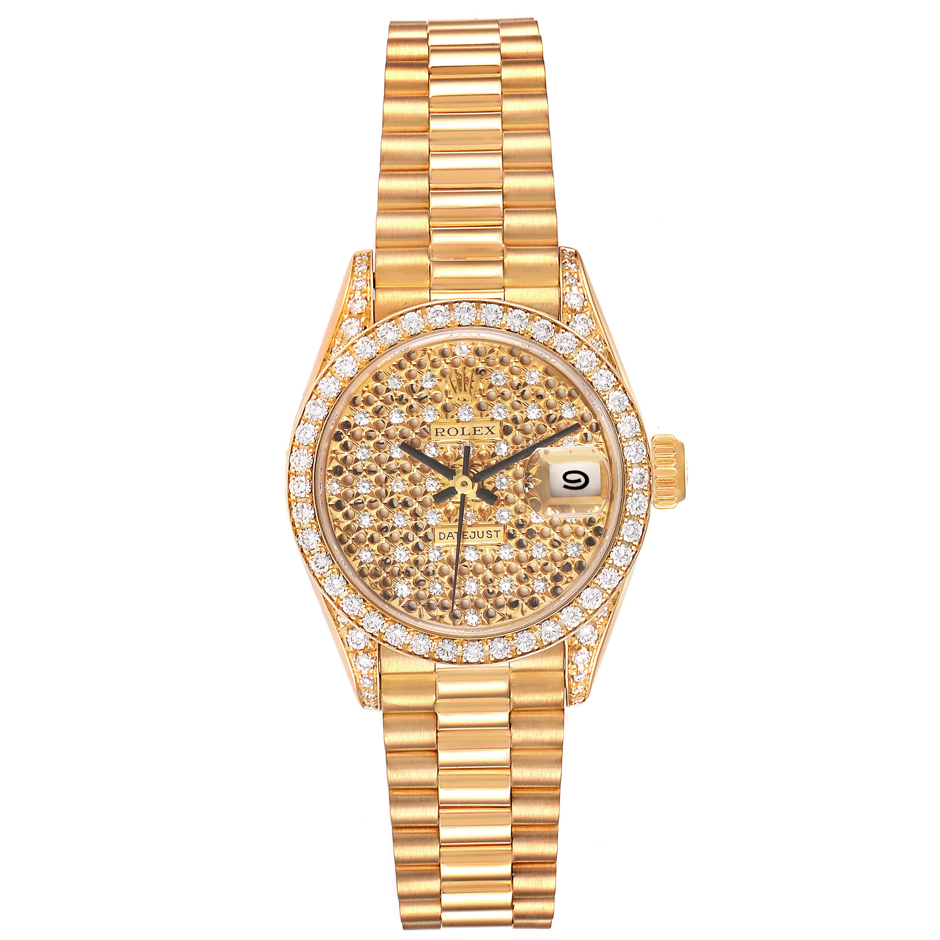 The Rolex President 69158 Women
s Yellow Gold Champagne Dial 69158 Women
s Yellow Gold Champagne Dial model watch is shown from the front, displaying its gold bracelet, jeweled bezel, and date window.