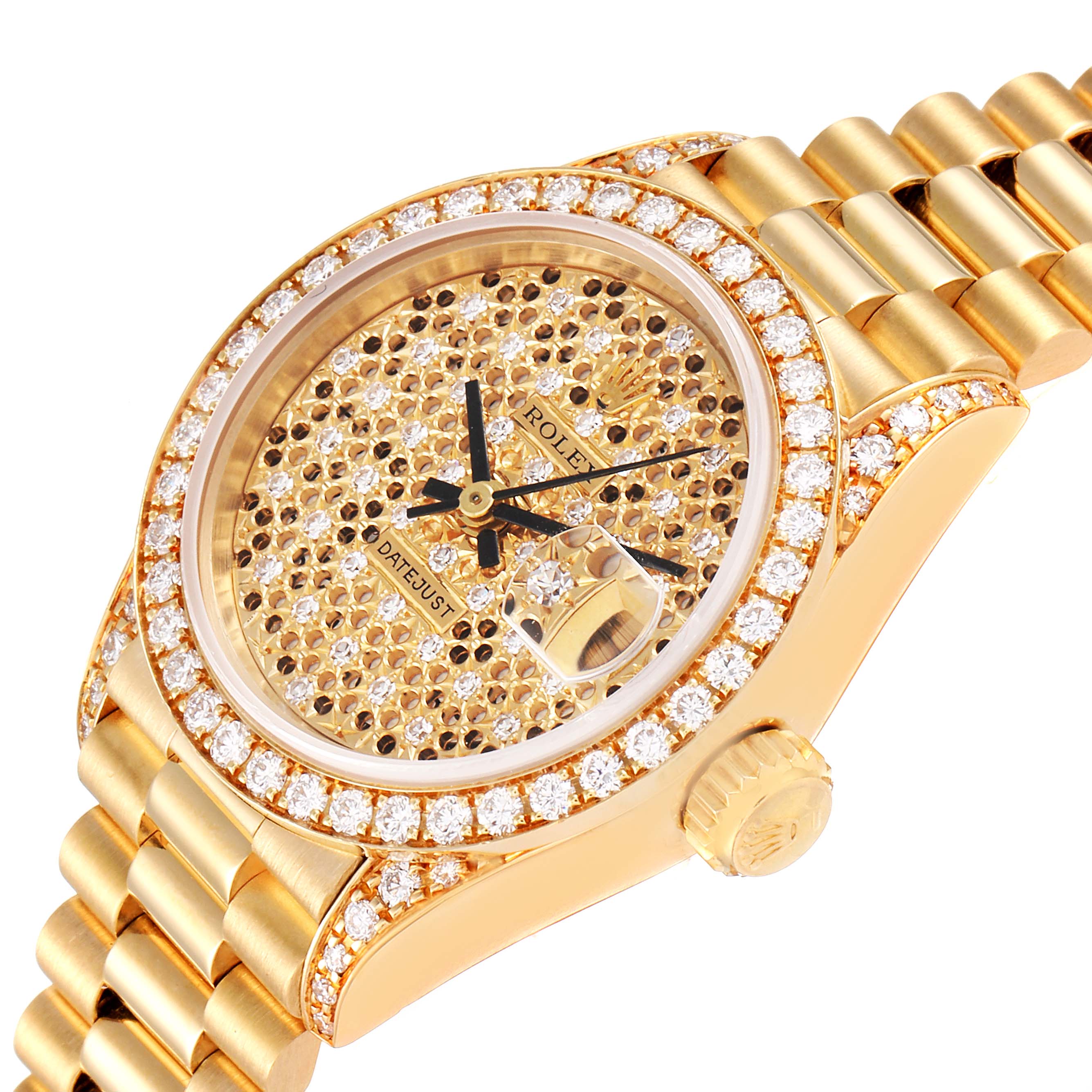 The image shows a Rolex President 69158 Women
s Yellow Gold Champagne Dial 69158 Women
s Yellow Gold Champagne Dial model watch at a slight angle, highlighting its diamond-studded bezel, dial, and bracelet.