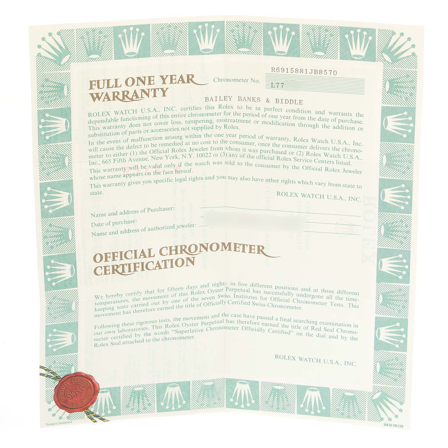 The image shows a Rolex President 69158 Women
s Yellow Gold Champagne Dial 69158 Women
s Yellow Gold Champagne Dial model
s full one-year warranty and official chronometer certification document.