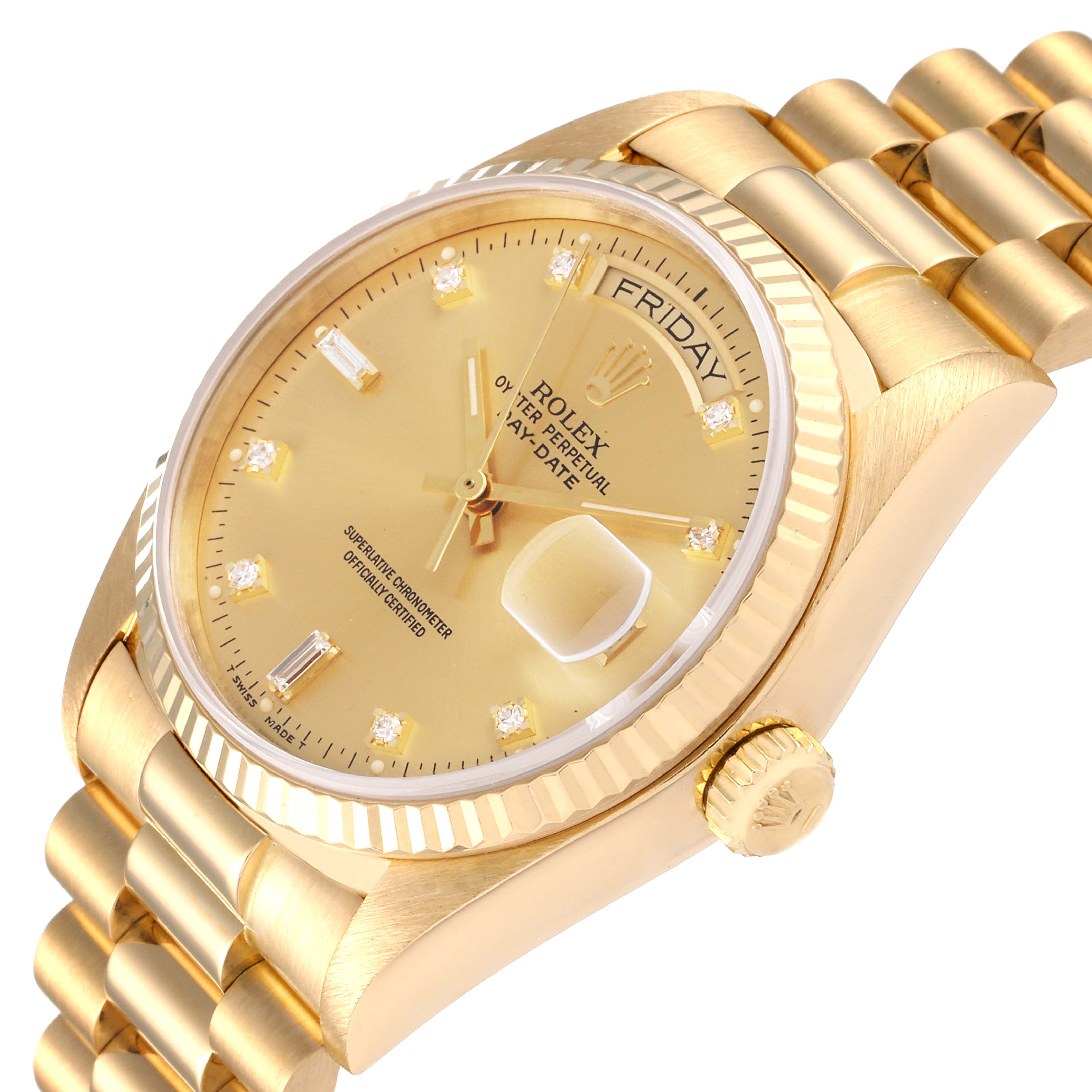 The image shows a close-up angled view of the Rolex President 18038 Men's Yellow Gold Champagne Dial 18038 Men's Yellow Gold Champagne Dial model watch, highlighting its dial, bezel, crown, and part of the bracelet.
