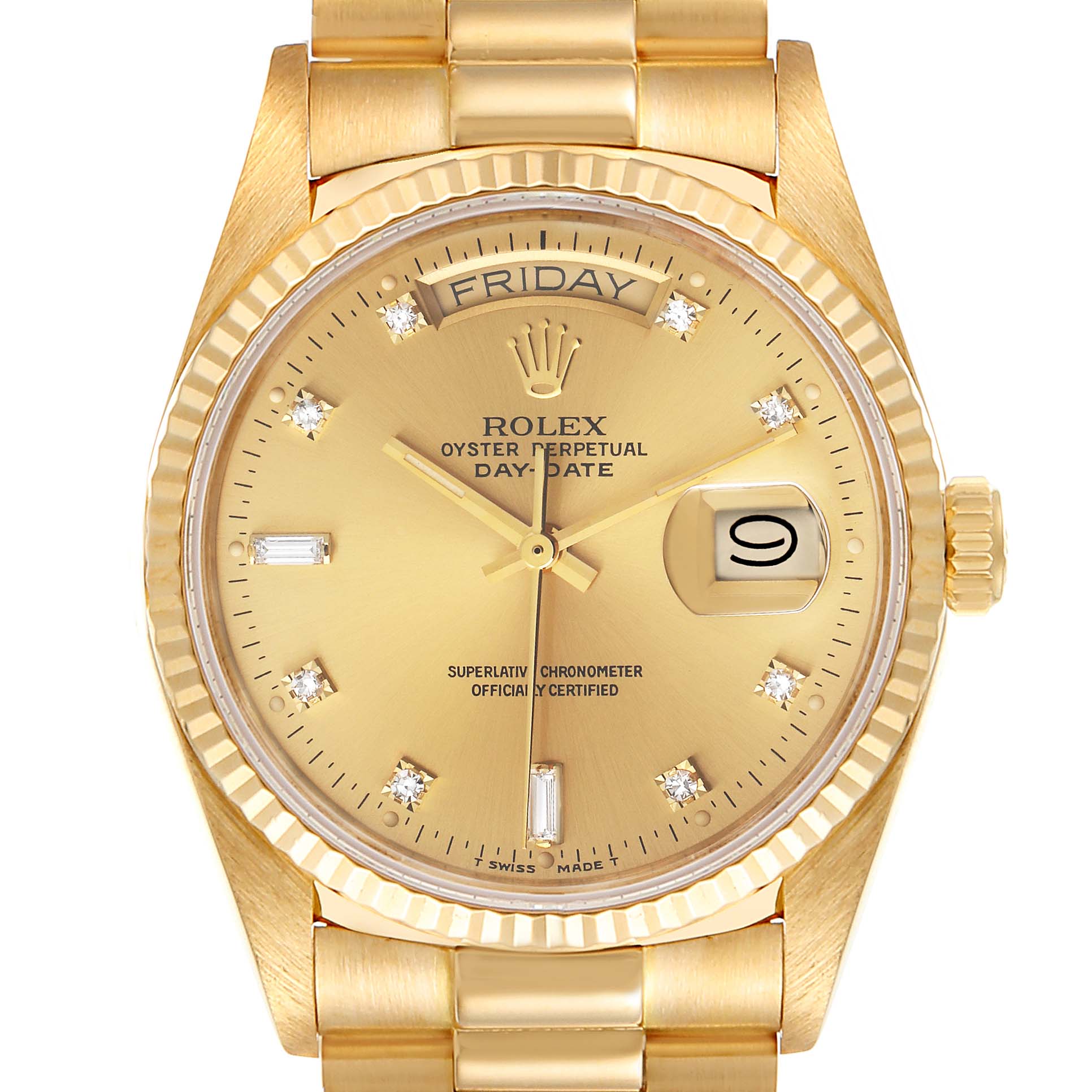 The image shows the face and top portion of the gold Rolex President 18038 Men's Yellow Gold Champagne Dial 18038 Men's Yellow Gold Champagne Dial model watch, highlighting the day and date features.