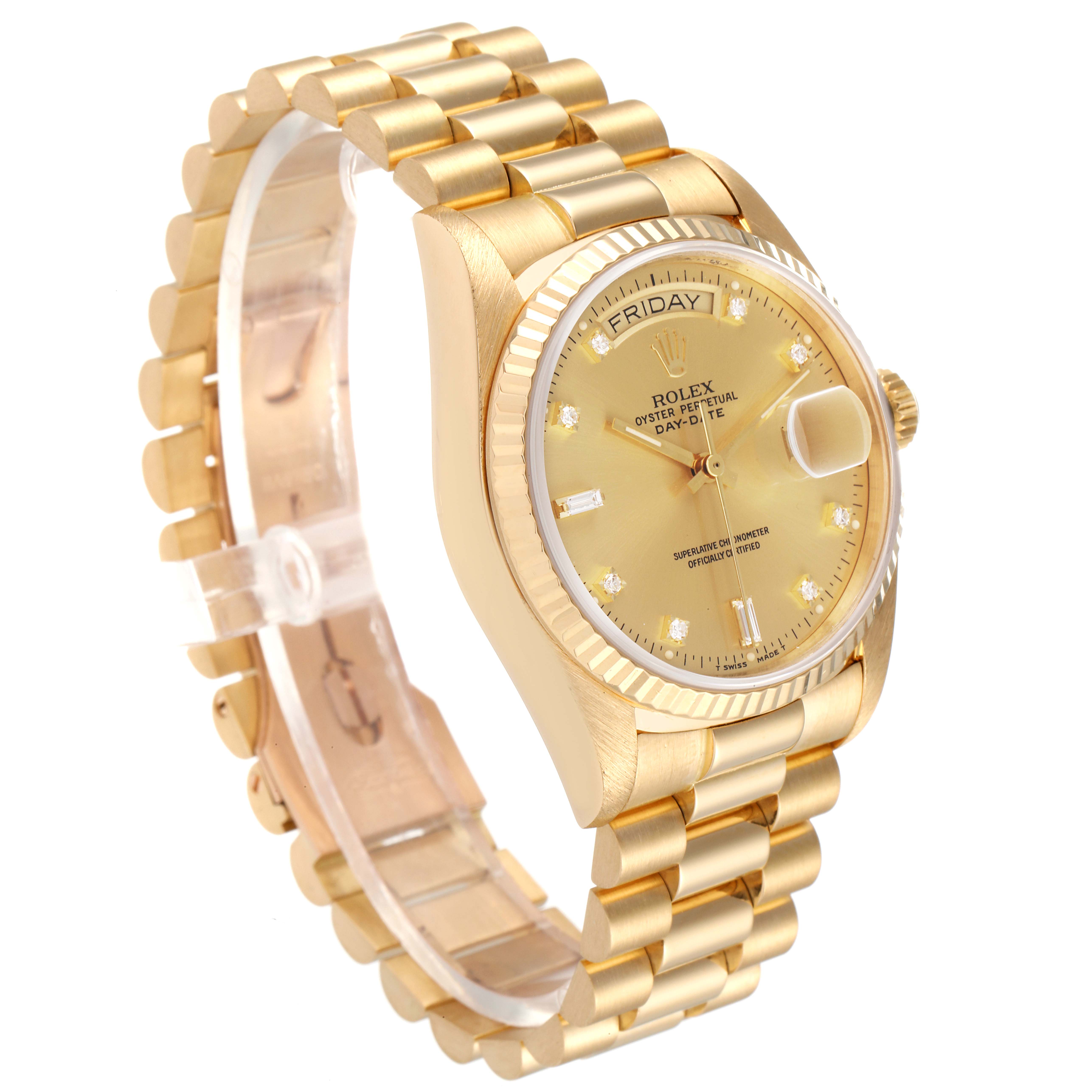 The image shows a gold Rolex President 18038 Men's Yellow Gold Champagne Dial 18038 Men's Yellow Gold Champagne Dial model watch from a side angle, highlighting its bracelet, dial, and crown.
